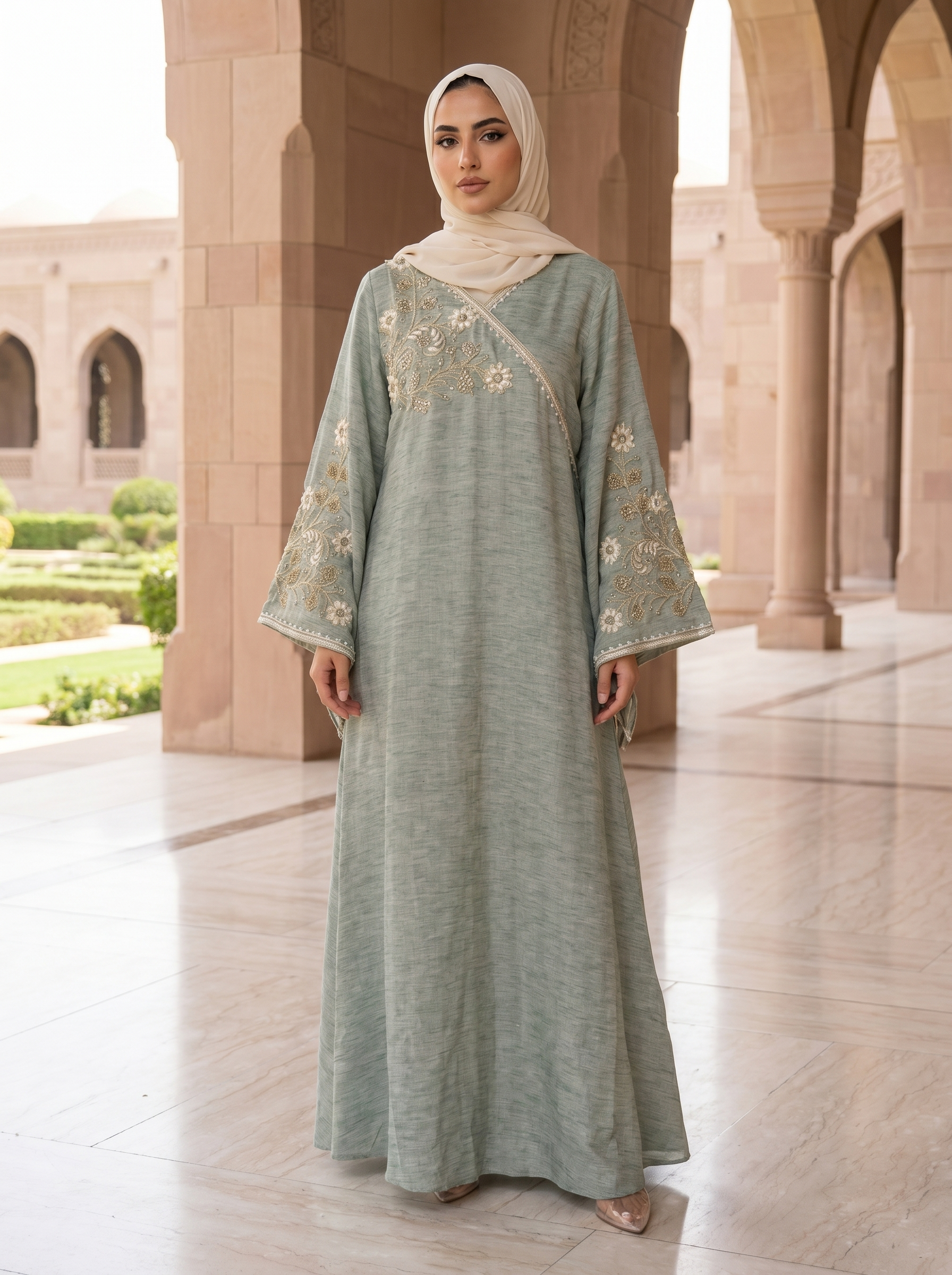 Floral Gold &amp; Pearl Embroidered Jalabiya | Wrap-Style V-Neck Kaftan Maxi Dress