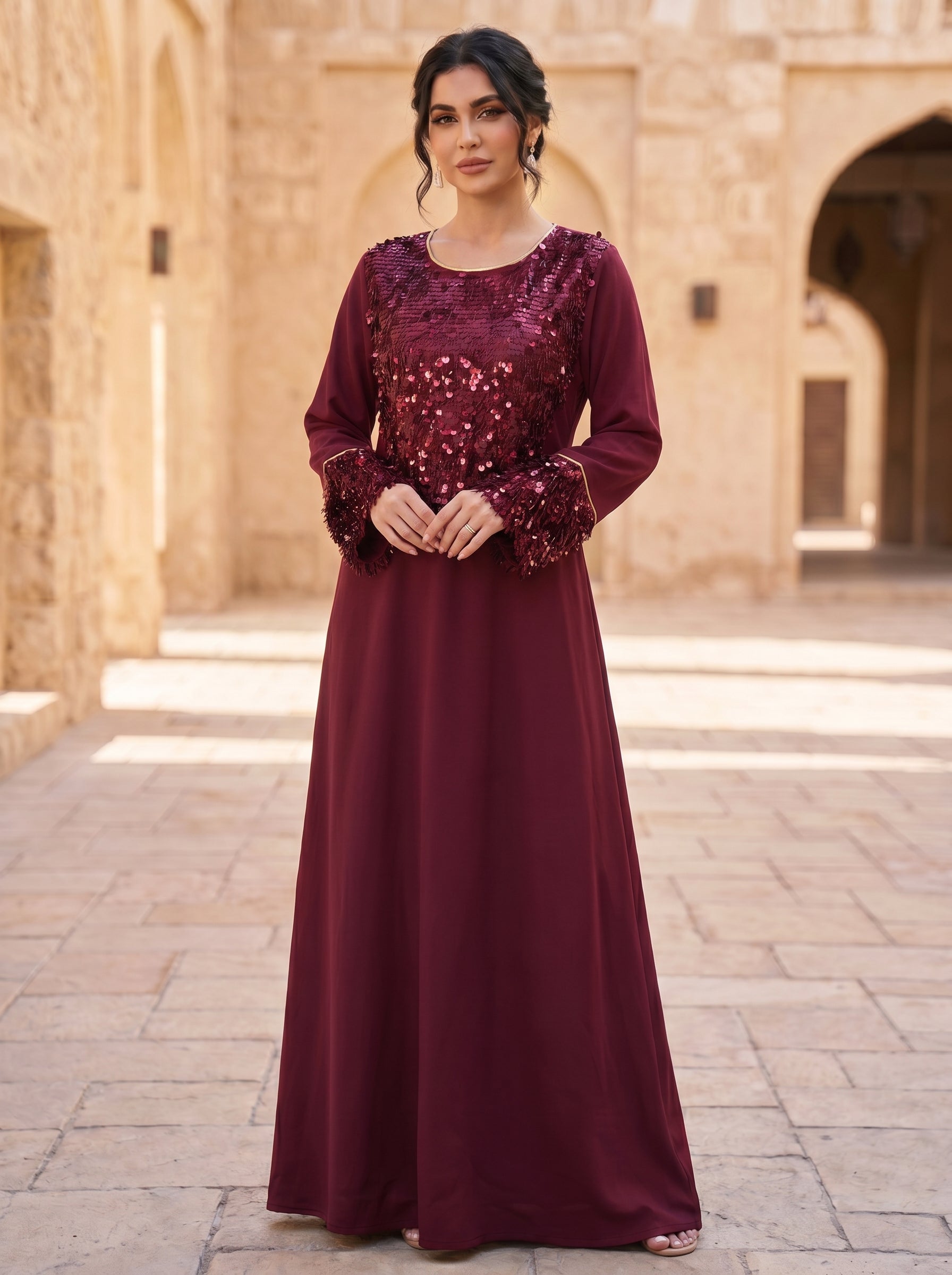 Paillette Fringe Sequin Jalabiya | Tasseled Chest & Cuff Embellished Maxi Dress