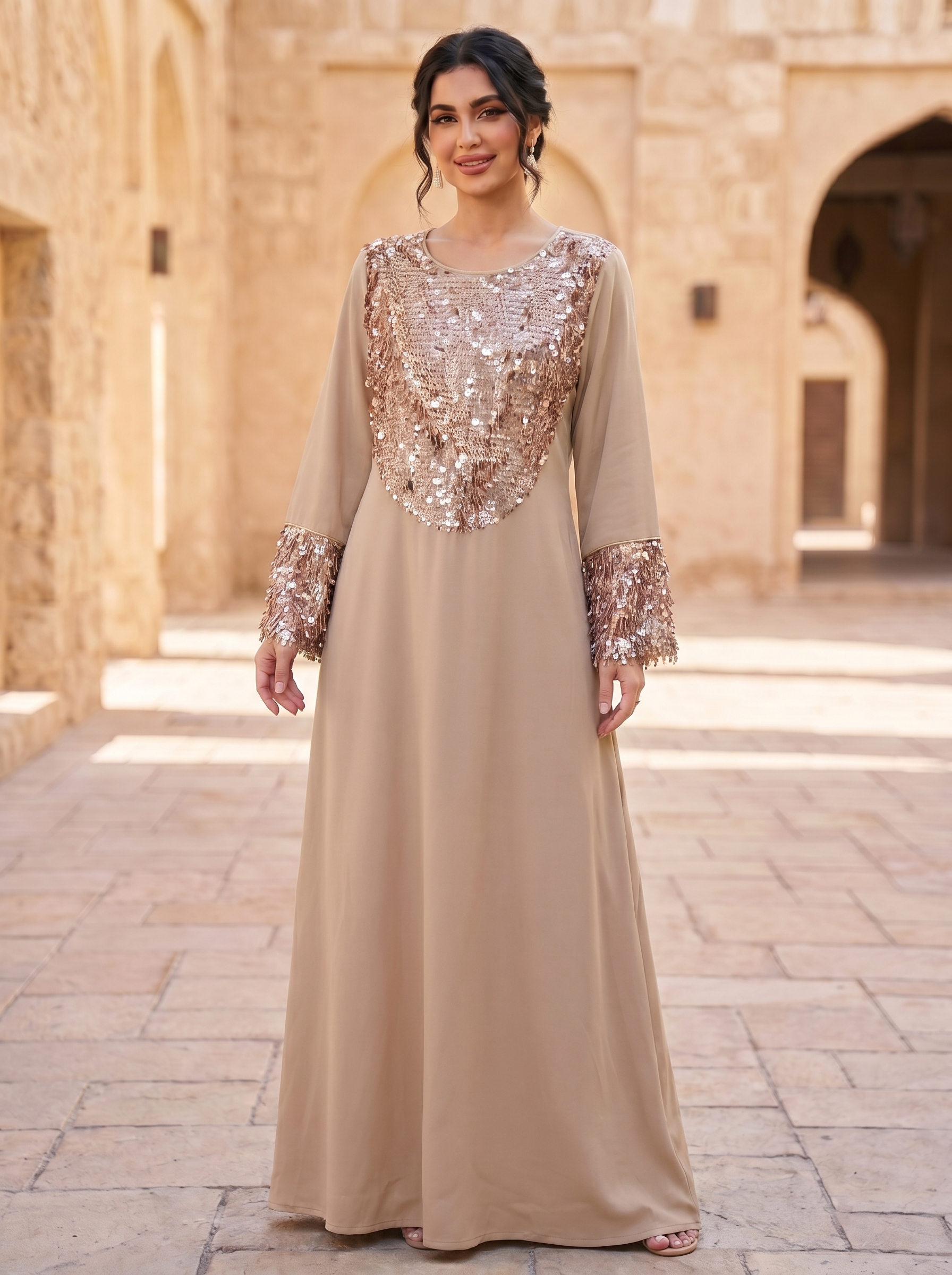 Paillette Fringe Sequin Jalabiya | Tasseled Chest & Cuff Embellished Maxi Dress