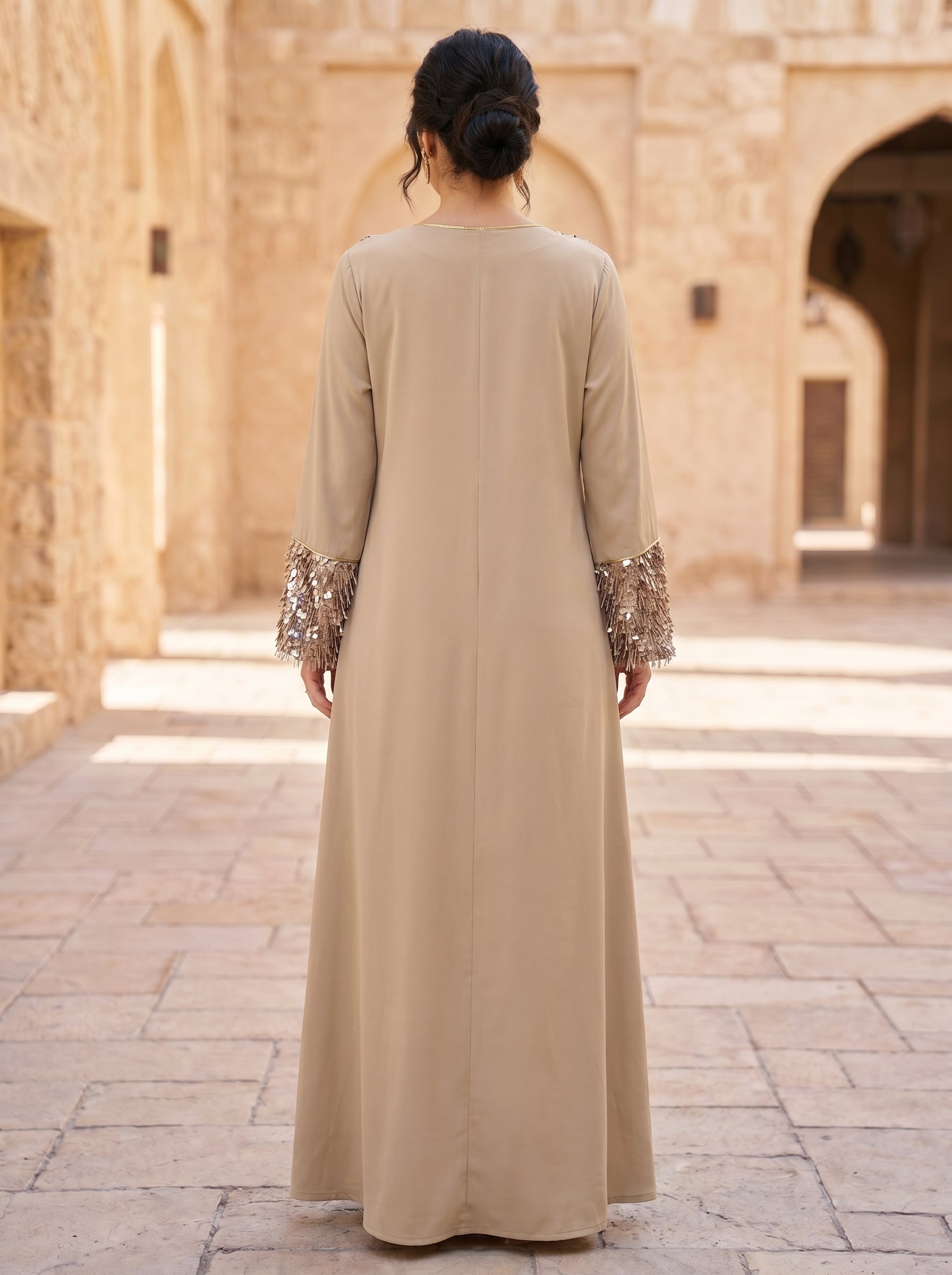 Paillette Fringe Sequin Jalabiya | Tasseled Chest & Cuff Embellished Maxi Dress
