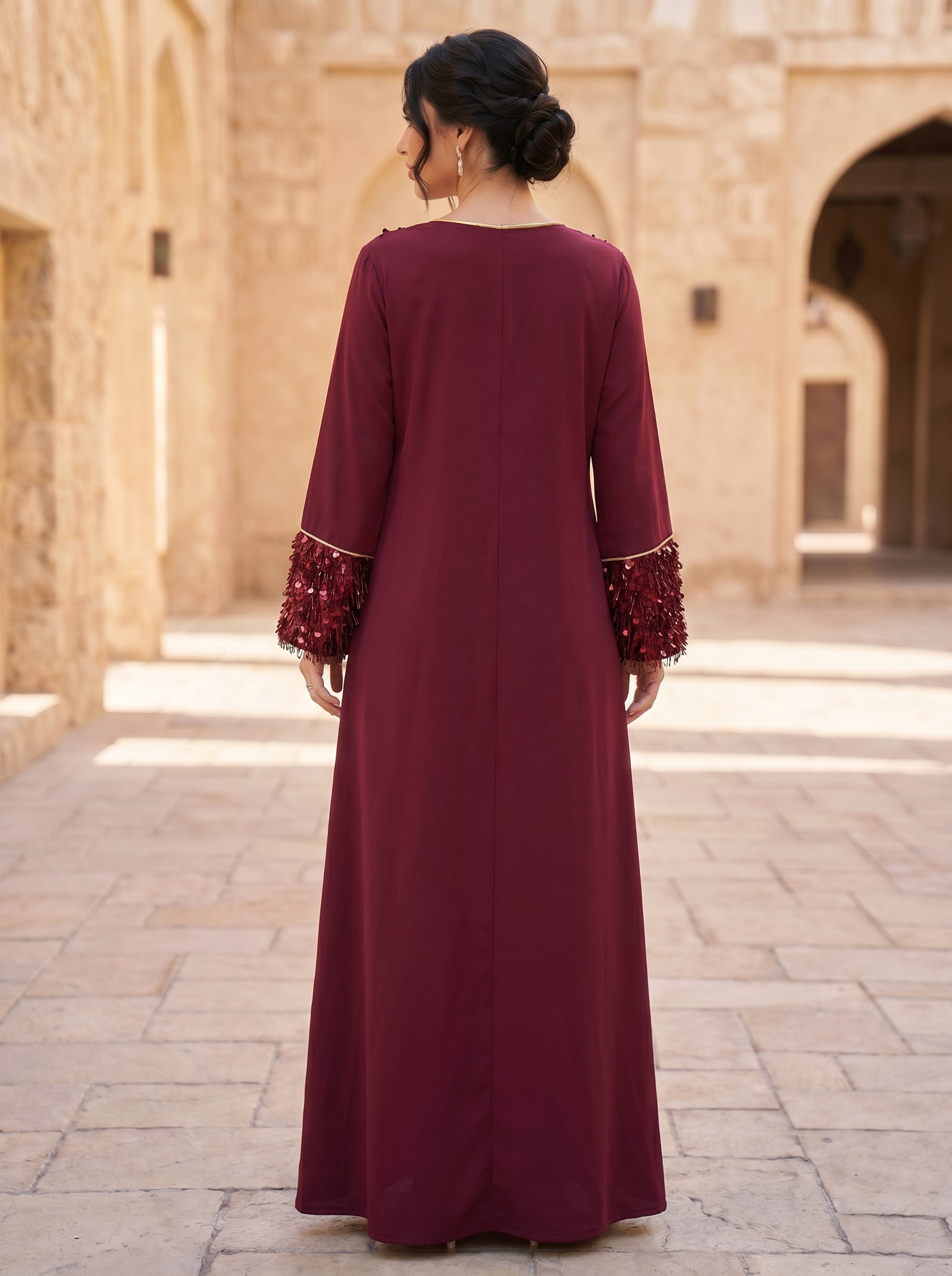 Paillette Fringe Sequin Jalabiya | Tasseled Chest & Cuff Embellished Maxi Dress