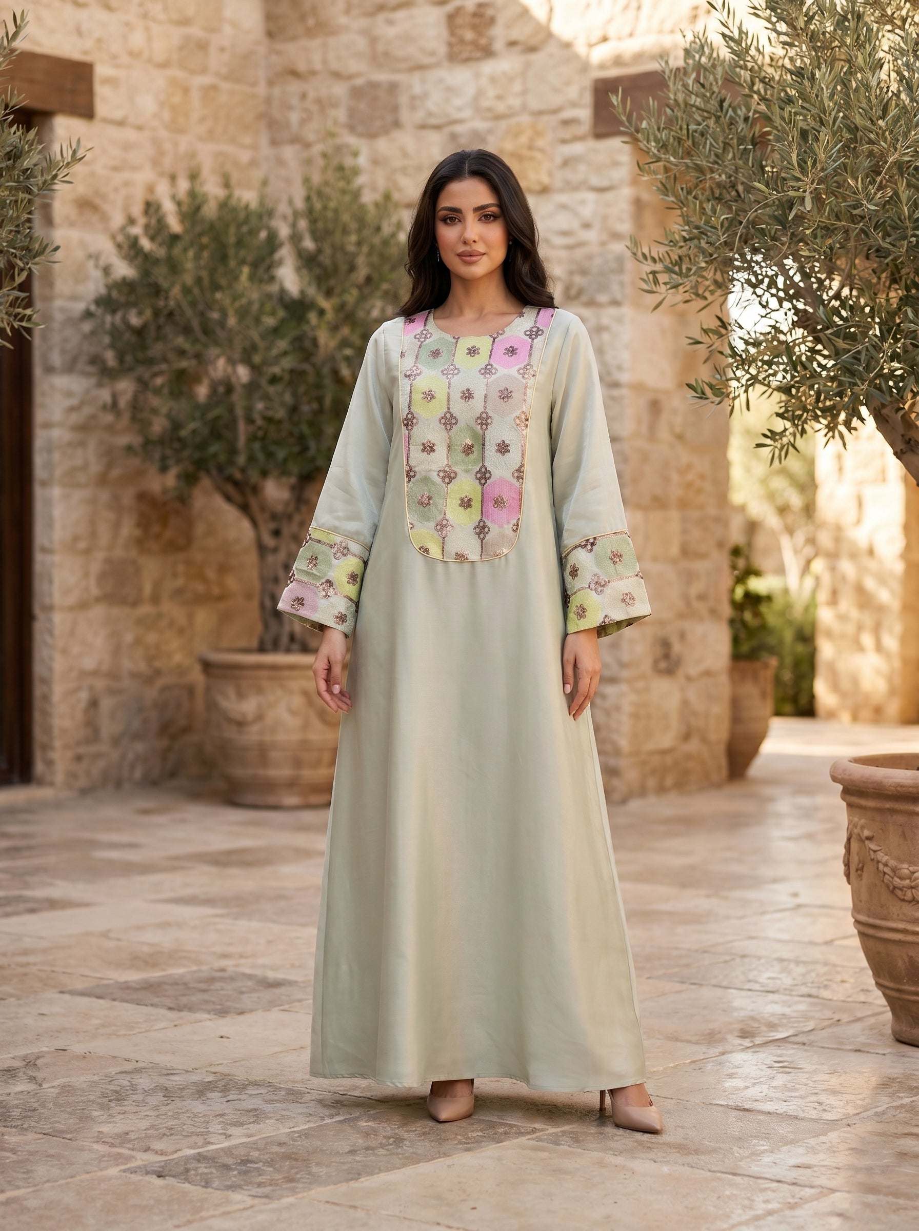Multicolor Jacquard Bib Panel Jalabiya | Floral Embroidered Neckline & Cuff Maxi Dress
