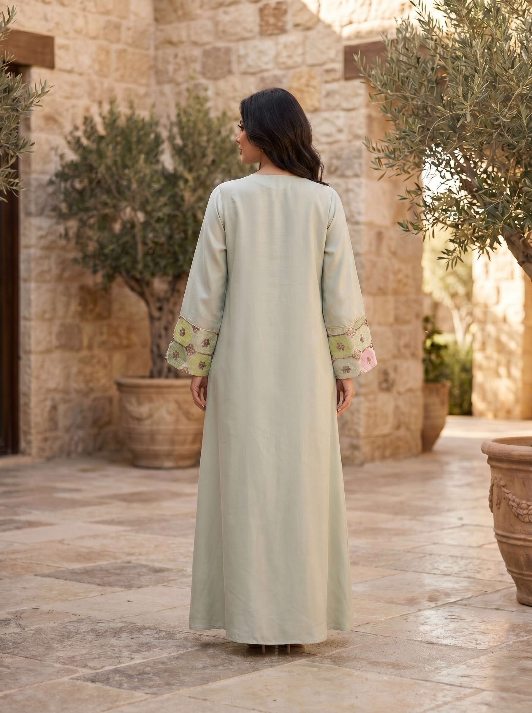 Multicolor Jacquard Bib Panel Jalabiya | Floral Embroidered Neckline & Cuff Maxi Dress