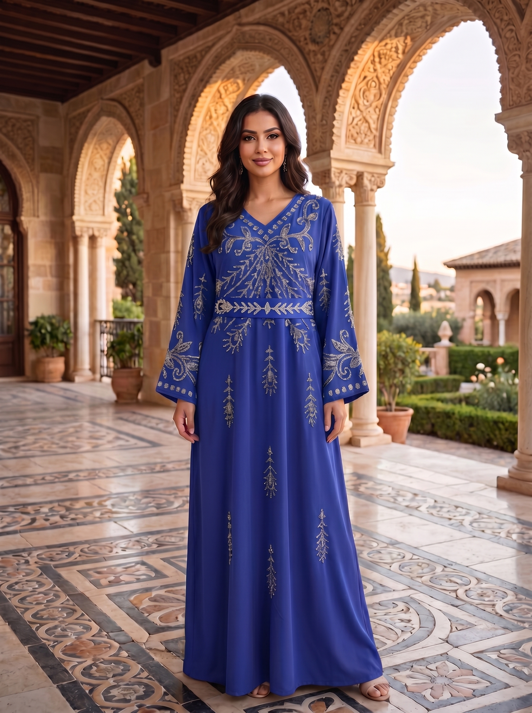 Silver Crystal Arabesque Embroidered Jalabiya with Belt | V-Neck Scattered Motif Kaftan Maxi Dress