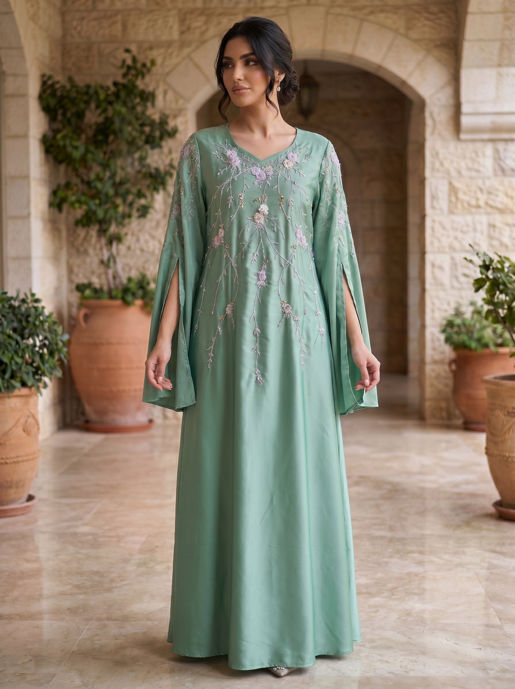 3D Floral Branch Embroidered Cape Sleeve Jalabiya | Split Butterfly Sleeve Kaftan Maxi Dress