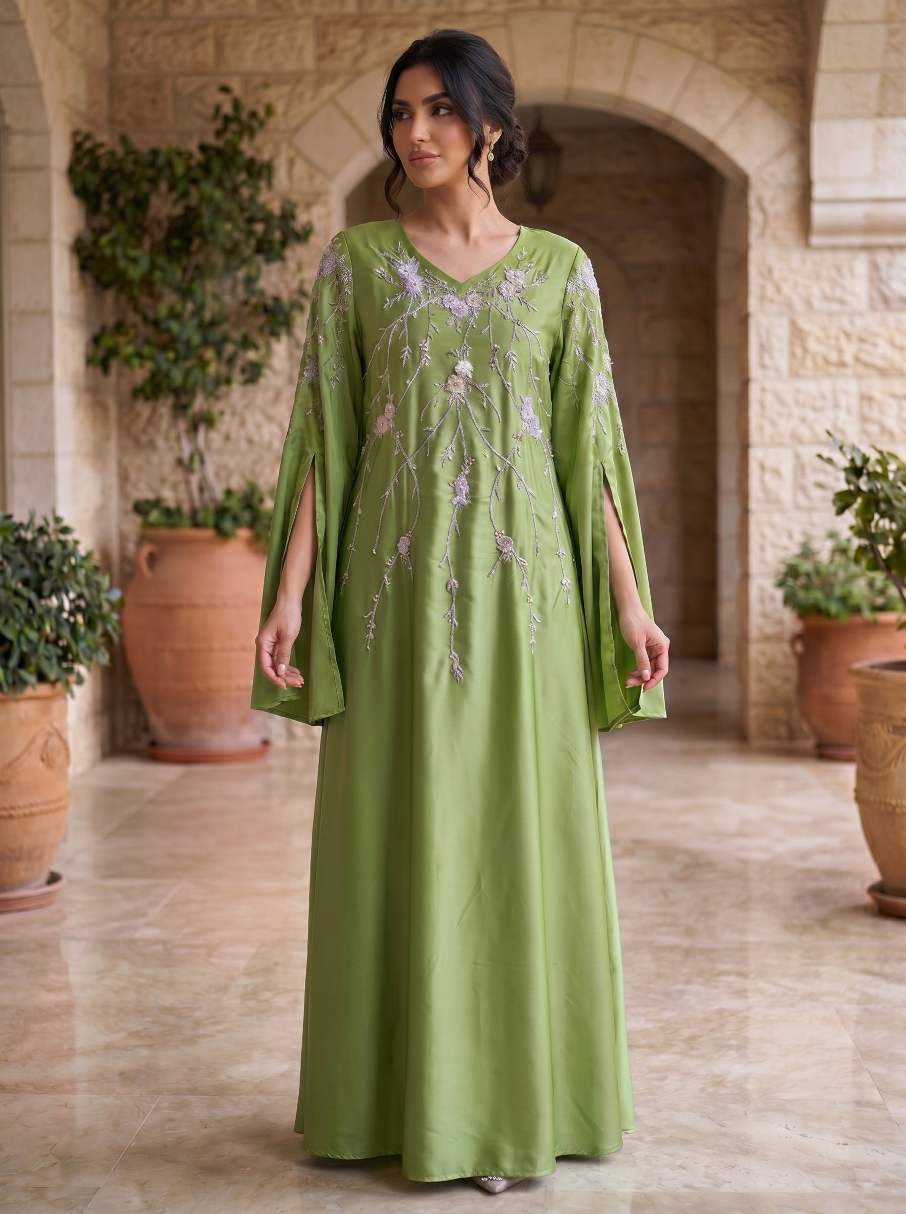 3D Floral Branch Embroidered Cape Sleeve Jalabiya | Split Butterfly Sleeve Kaftan Maxi Dress