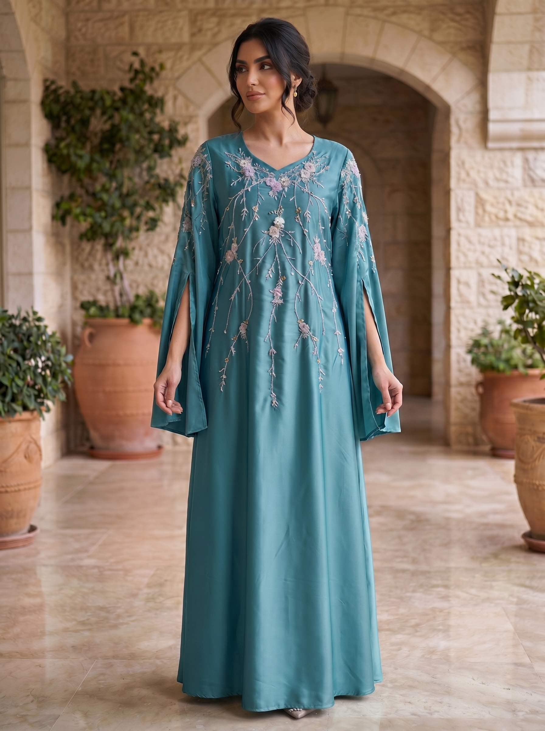 3D Floral Branch Embroidered Cape Sleeve Jalabiya | Split Butterfly Sleeve Kaftan Maxi Dress