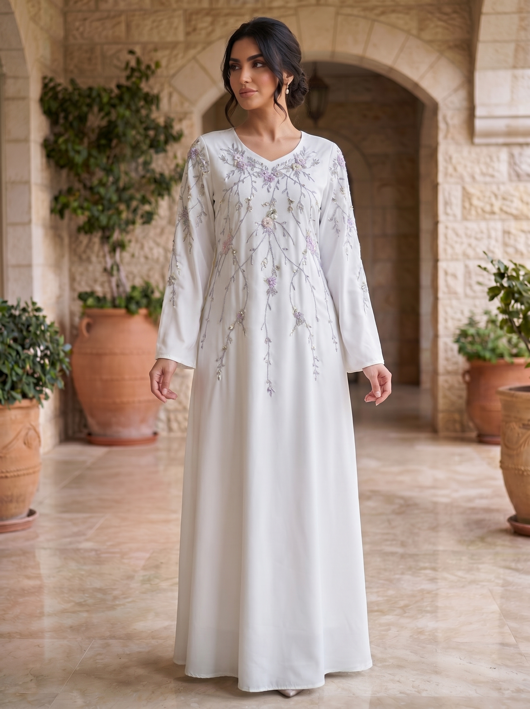 3D Floral Branch Embroidered Cape Sleeve Jalabiya | Split Butterfly Sleeve Kaftan Maxi Dress