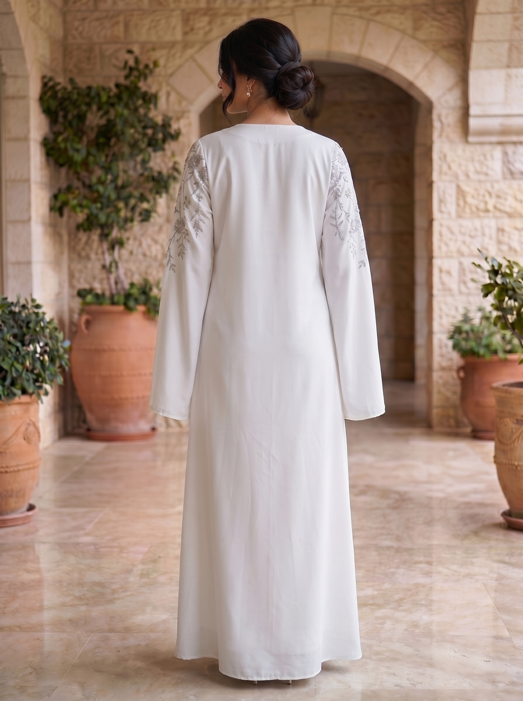 3D Floral Branch Embroidered Cape Sleeve Jalabiya | Split Butterfly Sleeve Kaftan Maxi Dress