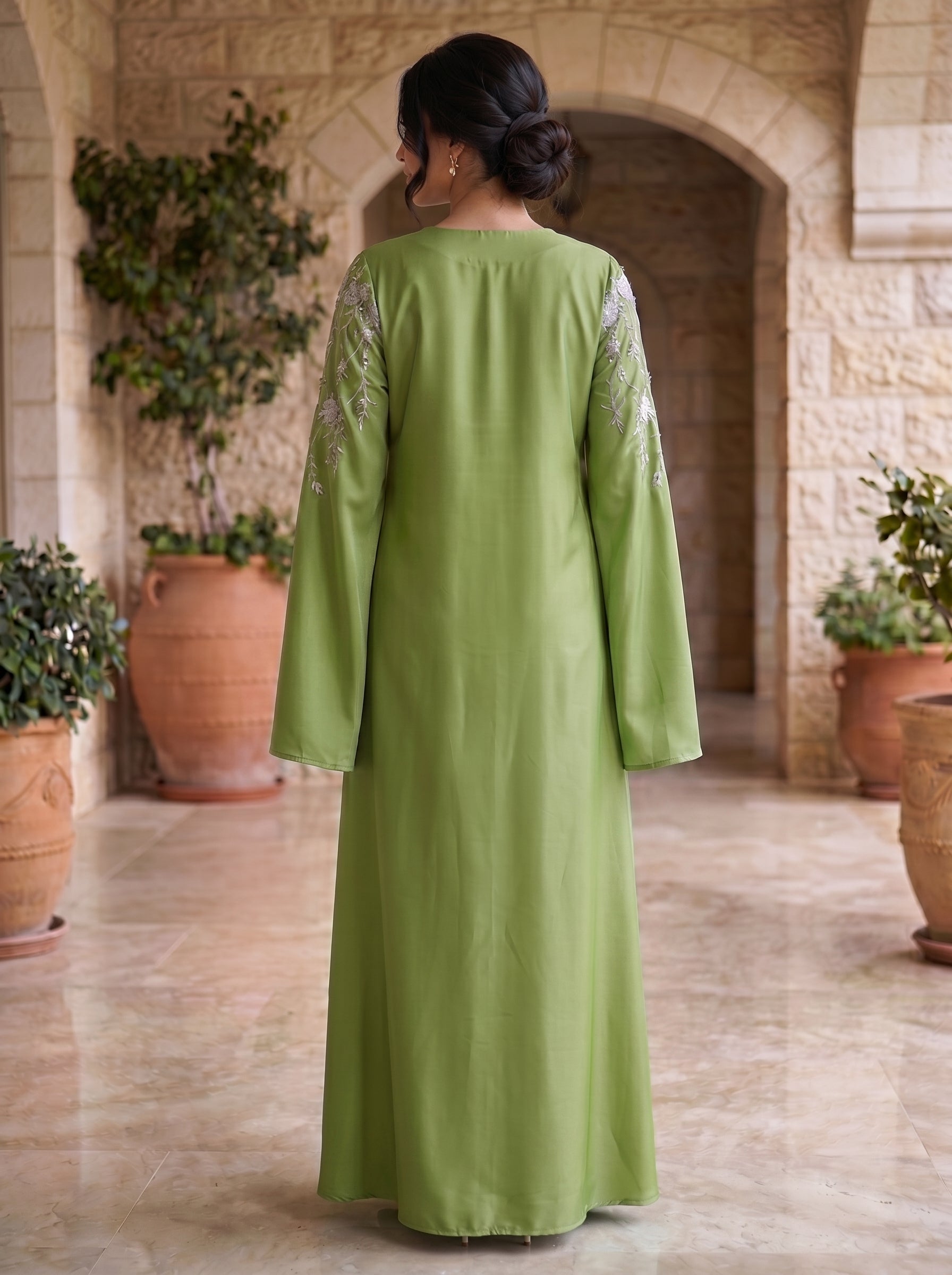 3D Floral Branch Embroidered Cape Sleeve Jalabiya | Split Butterfly Sleeve Kaftan Maxi Dress