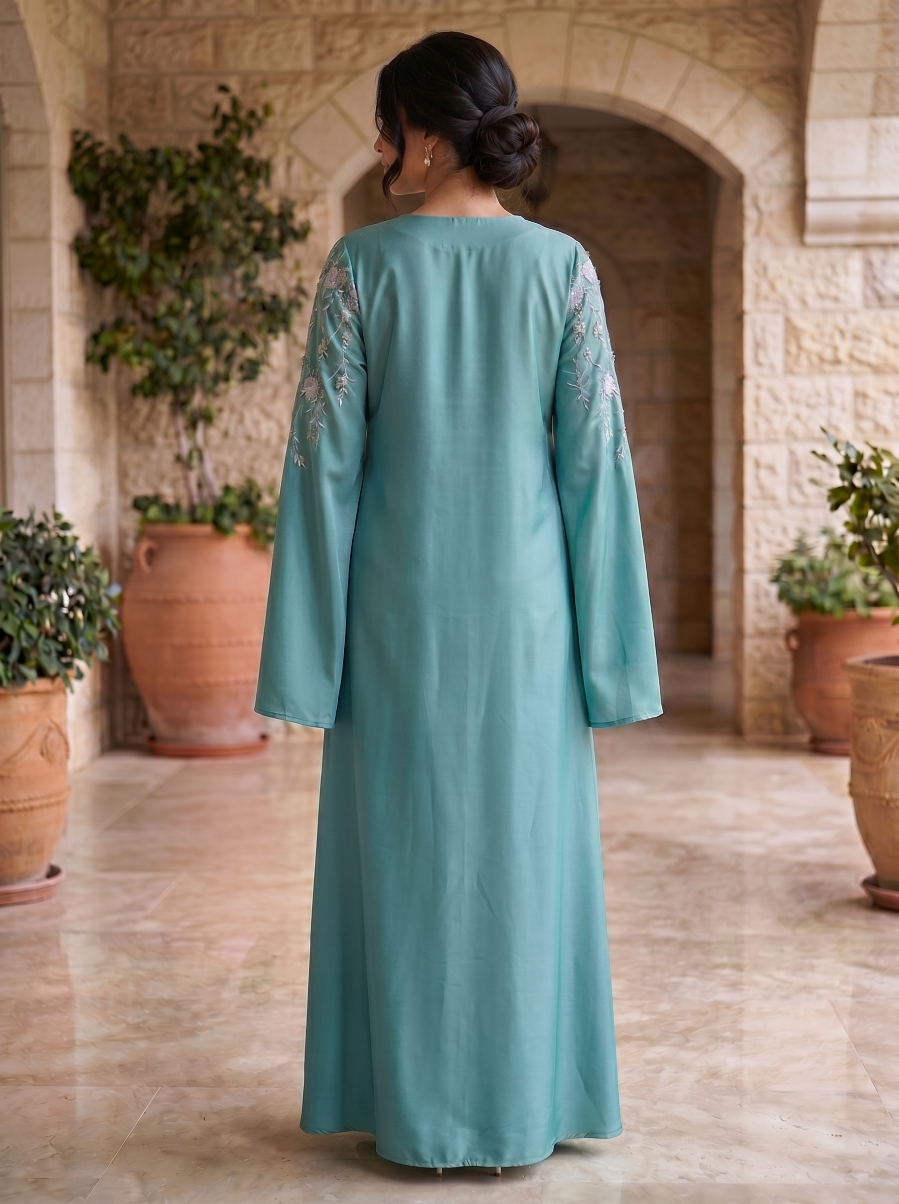 3D Floral Branch Embroidered Cape Sleeve Jalabiya | Split Butterfly Sleeve Kaftan Maxi Dress