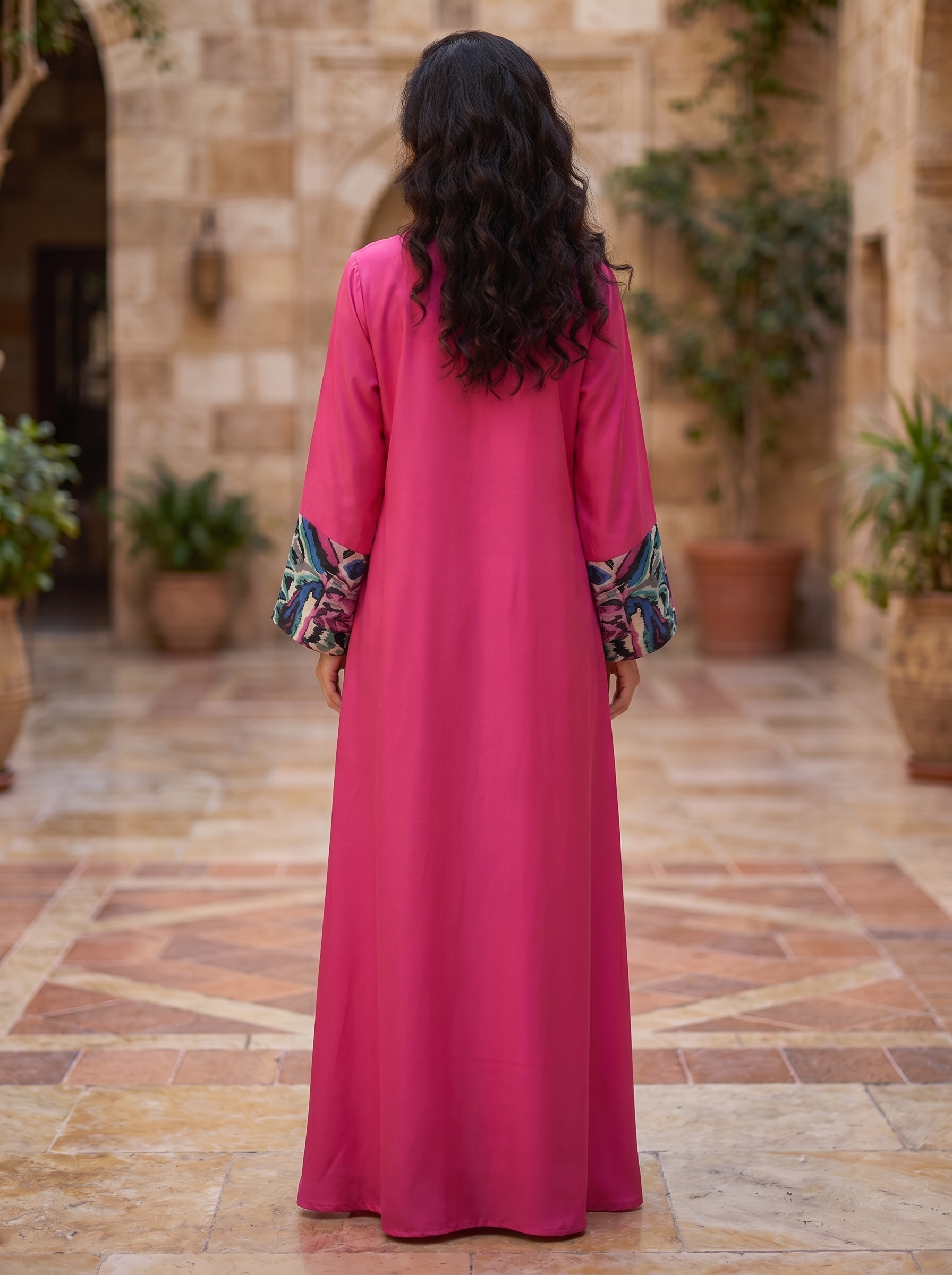 Women's Embellished Maxi Kaftan Dress – Beaded Neckline, Printed Contrast Panel & Cuff Sleeves