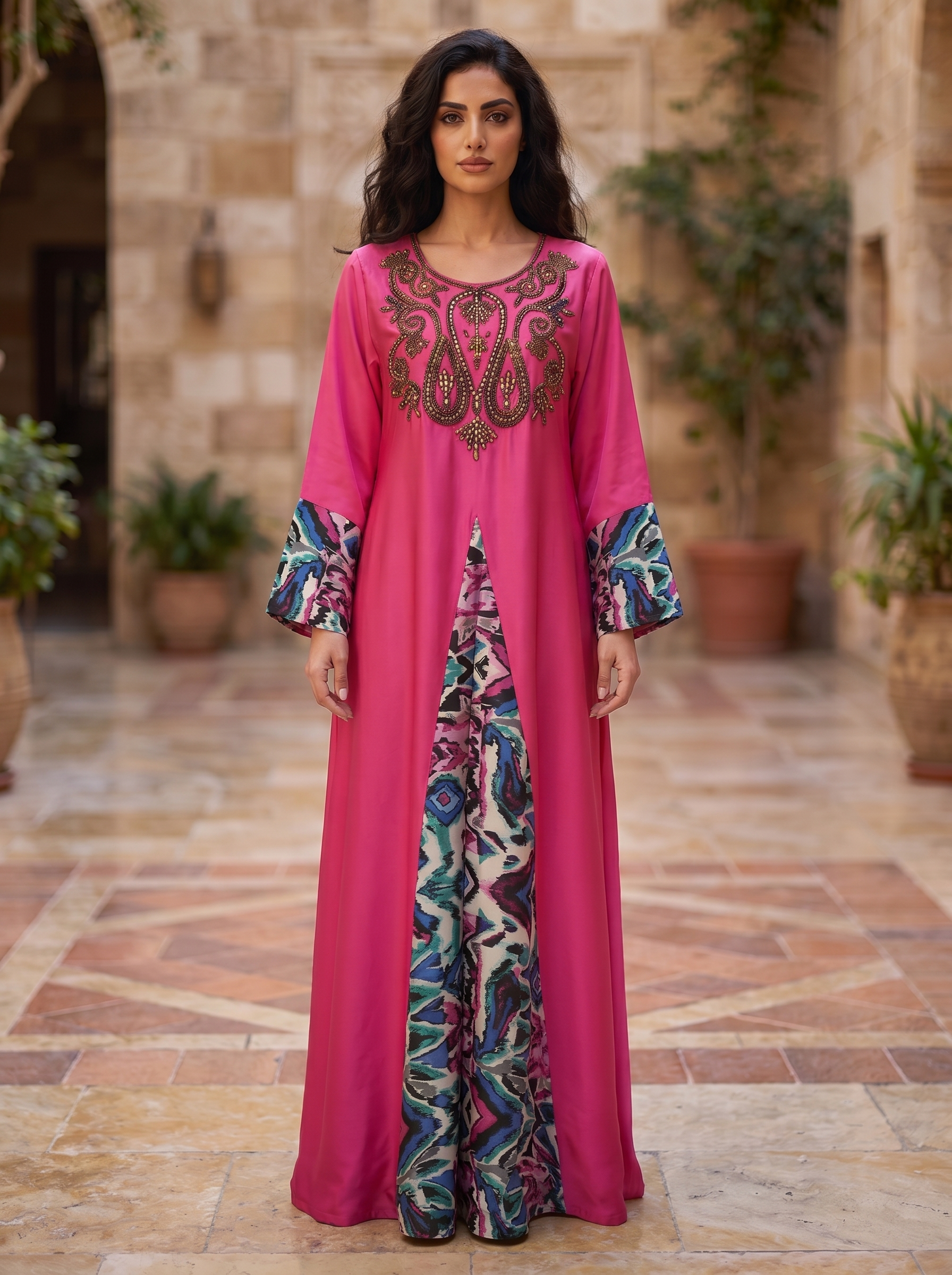 Women's Embellished Maxi Kaftan Dress – Beaded Neckline, Printed Contrast Panel & Cuff Sleeves