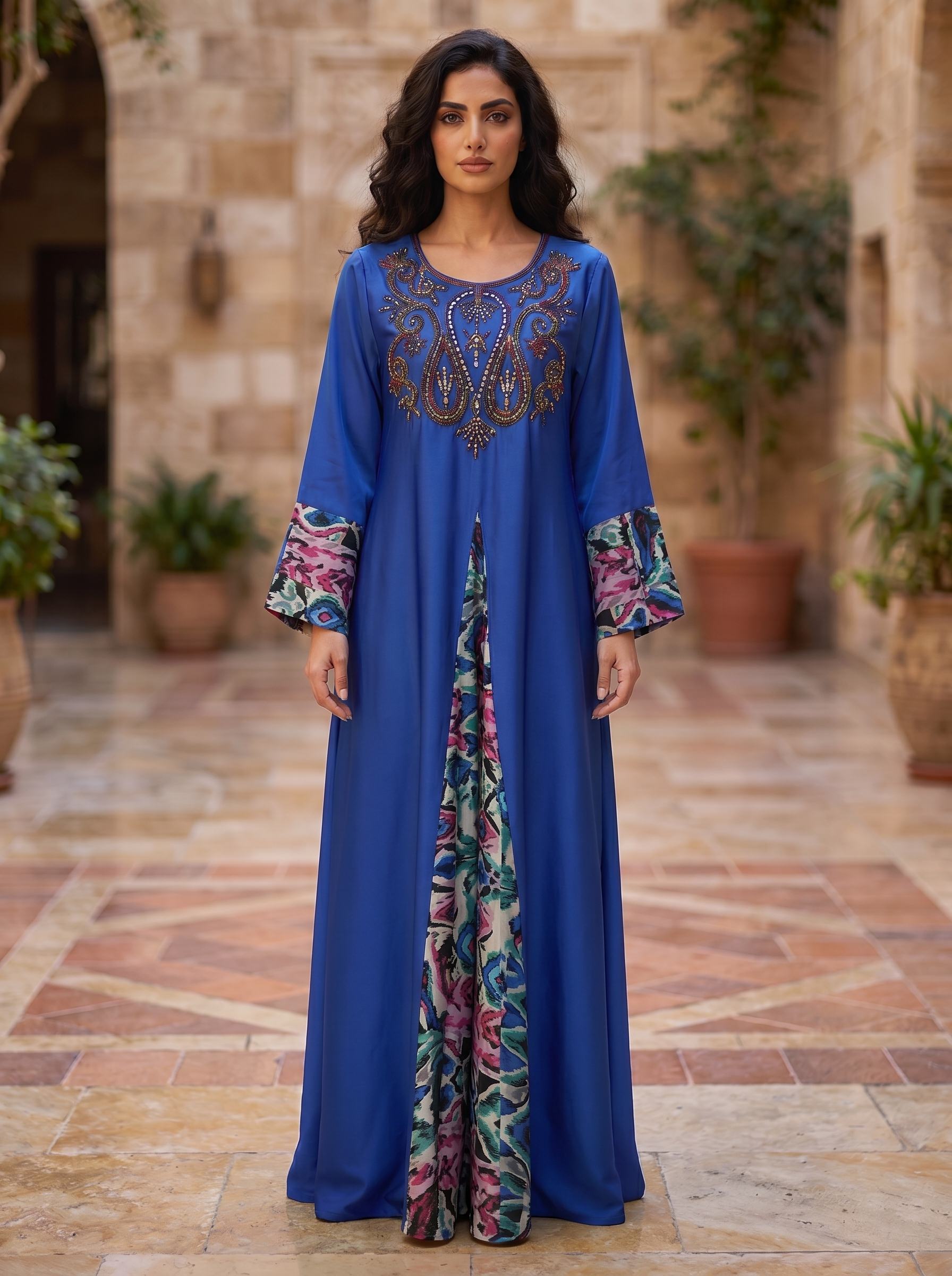 Women's Embellished Maxi Kaftan Dress – Beaded Neckline, Printed Contrast Panel & Cuff Sleeves