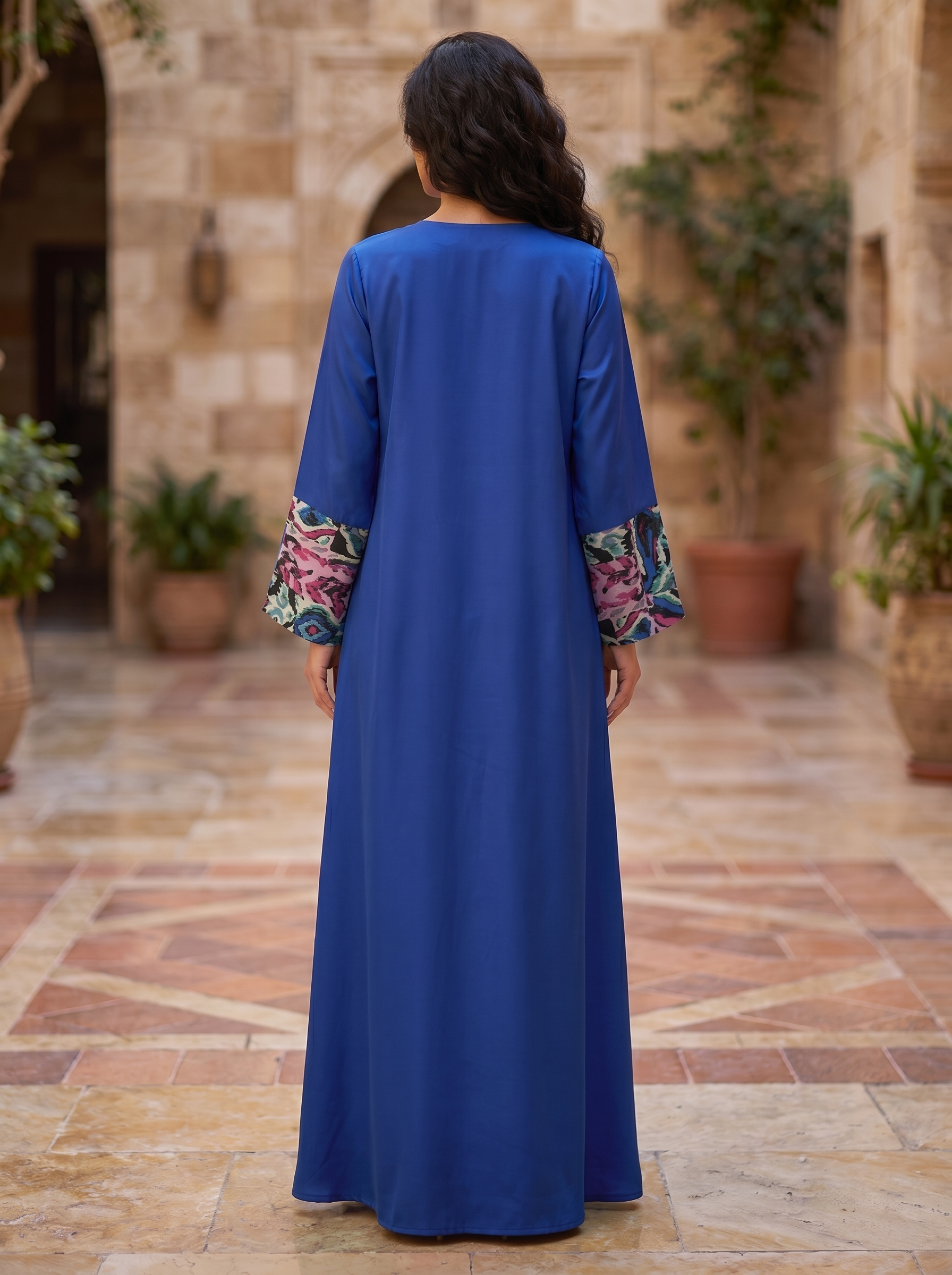 Women's Embellished Maxi Kaftan Dress – Beaded Neckline, Printed Contrast Panel & Cuff Sleeves