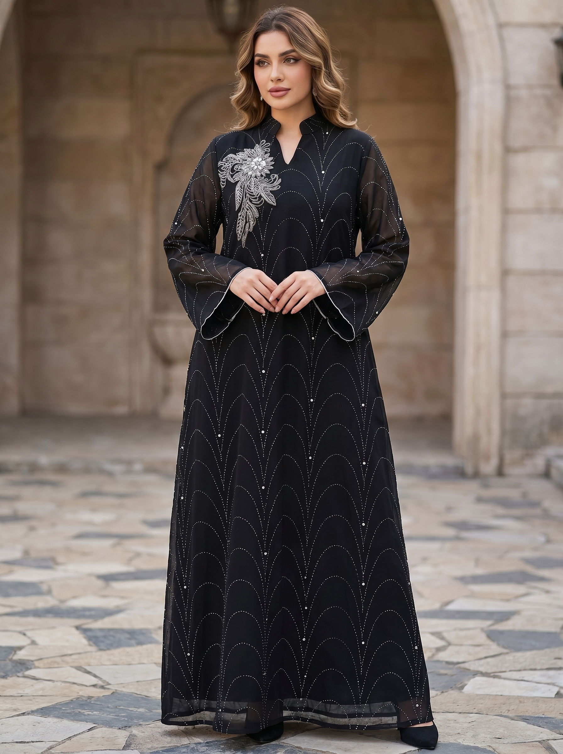 Women's Embellished Mesh Maxi Dress – Rhinestone Detail Evening Kaftan with Floral Appliqué