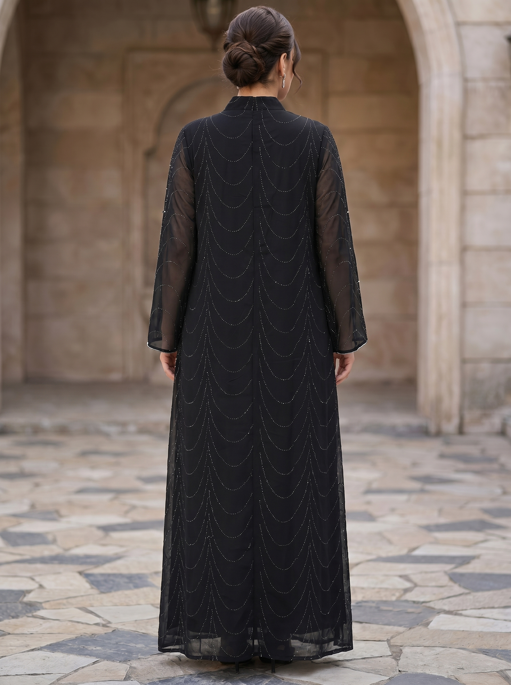 Women's Embellished Mesh Maxi Dress – Rhinestone Detail Evening Kaftan with Floral Appliqué