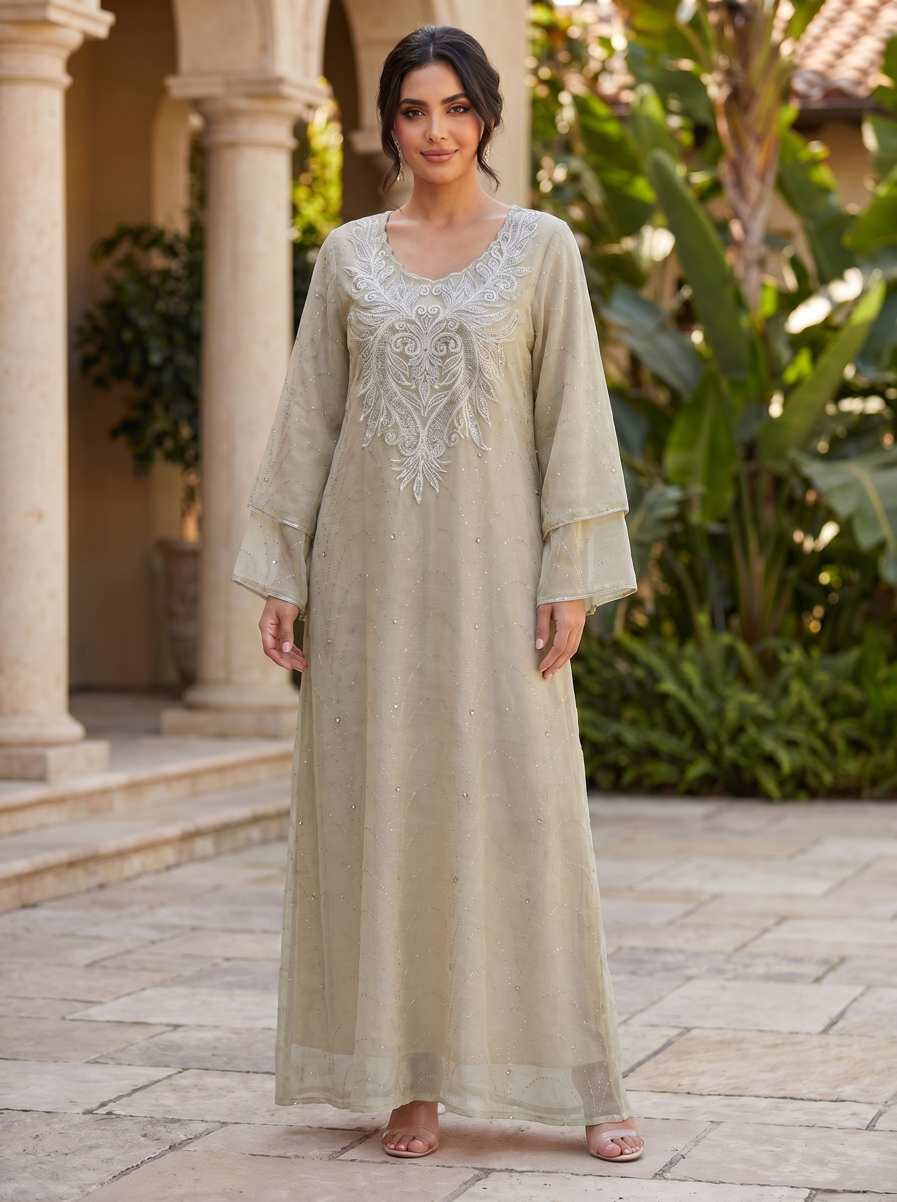 Women's Embellished Mesh Maxi Dress – Elegant Beaded Evening Kaftan with Flared Sleeves