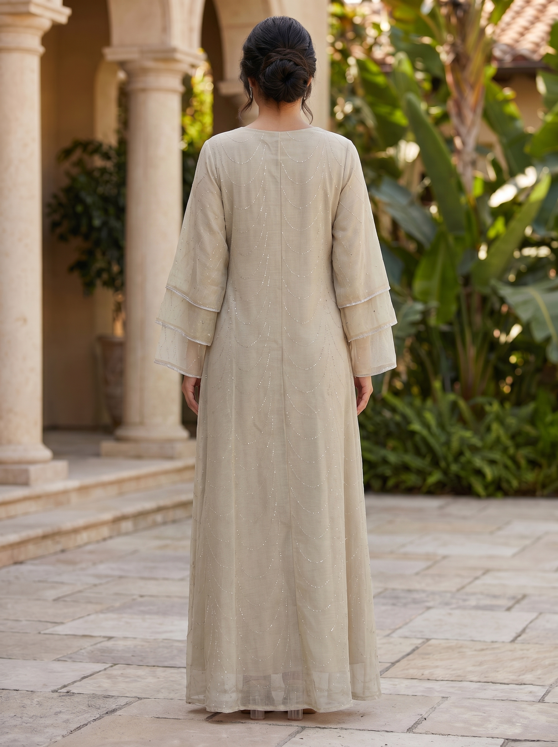 Women's Embellished Mesh Maxi Dress – Elegant Beaded Evening Kaftan with Flared Sleeves