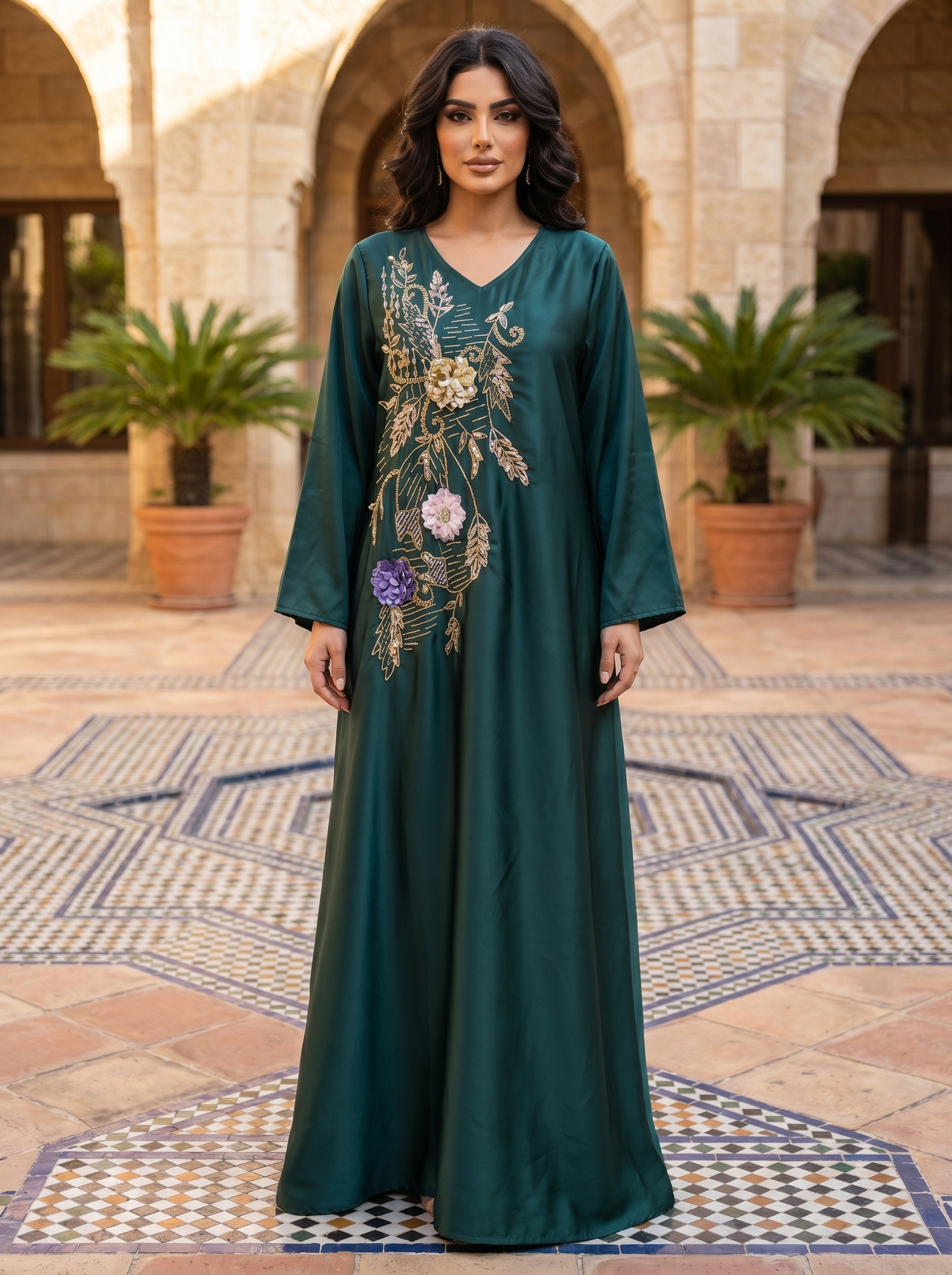 3D Floral & Gold Leaf Embroidered Satin Jalabiya | V-Neck Luxury Kaftan Maxi Dress