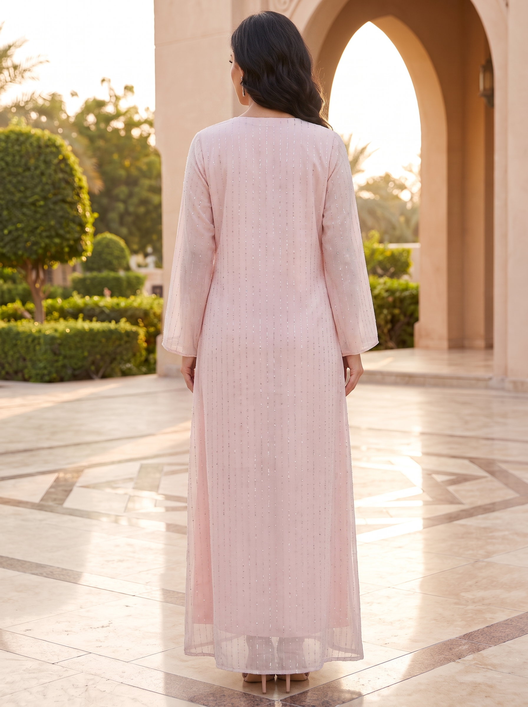 Shimmer Stripe Chiffon Jalabiya | Crystal Floral Neckline Embroidered Kaftan Maxi Dress