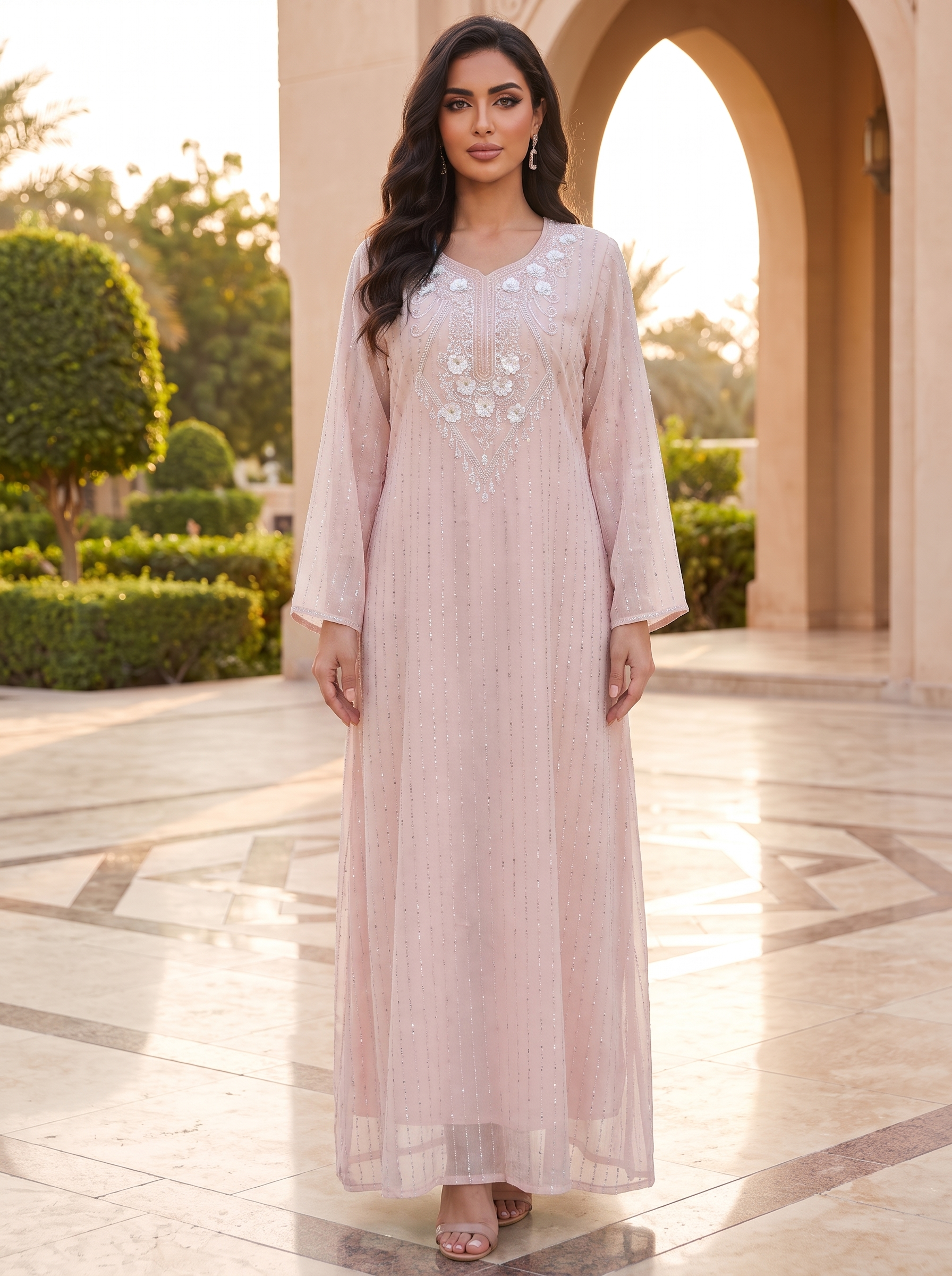 Shimmer Stripe Chiffon Jalabiya | Crystal Floral Neckline Embroidered Kaftan Maxi Dress