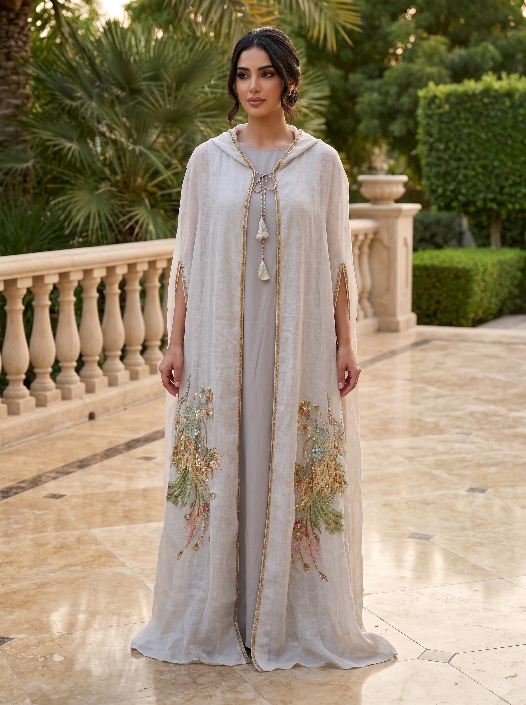Peacock Embroidered Hooded Cape Abaya with Inner Dress | 2-Piece Luxury Modest Set