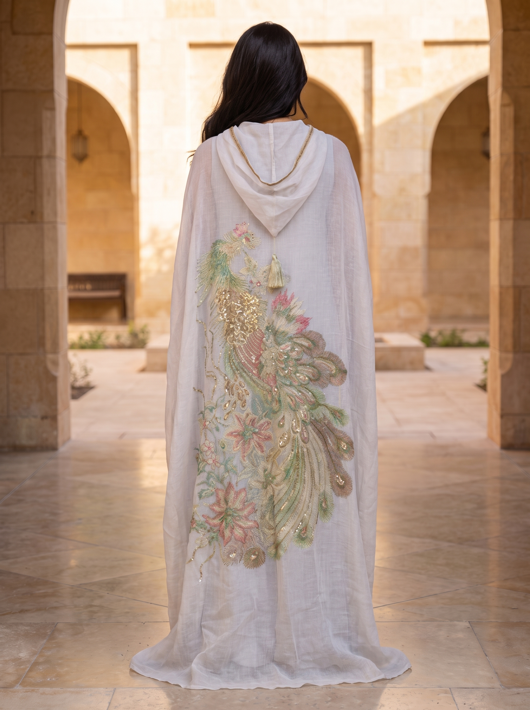 Peacock Embroidered Hooded Cape Abaya with Inner Dress | 2-Piece Luxury Modest Set