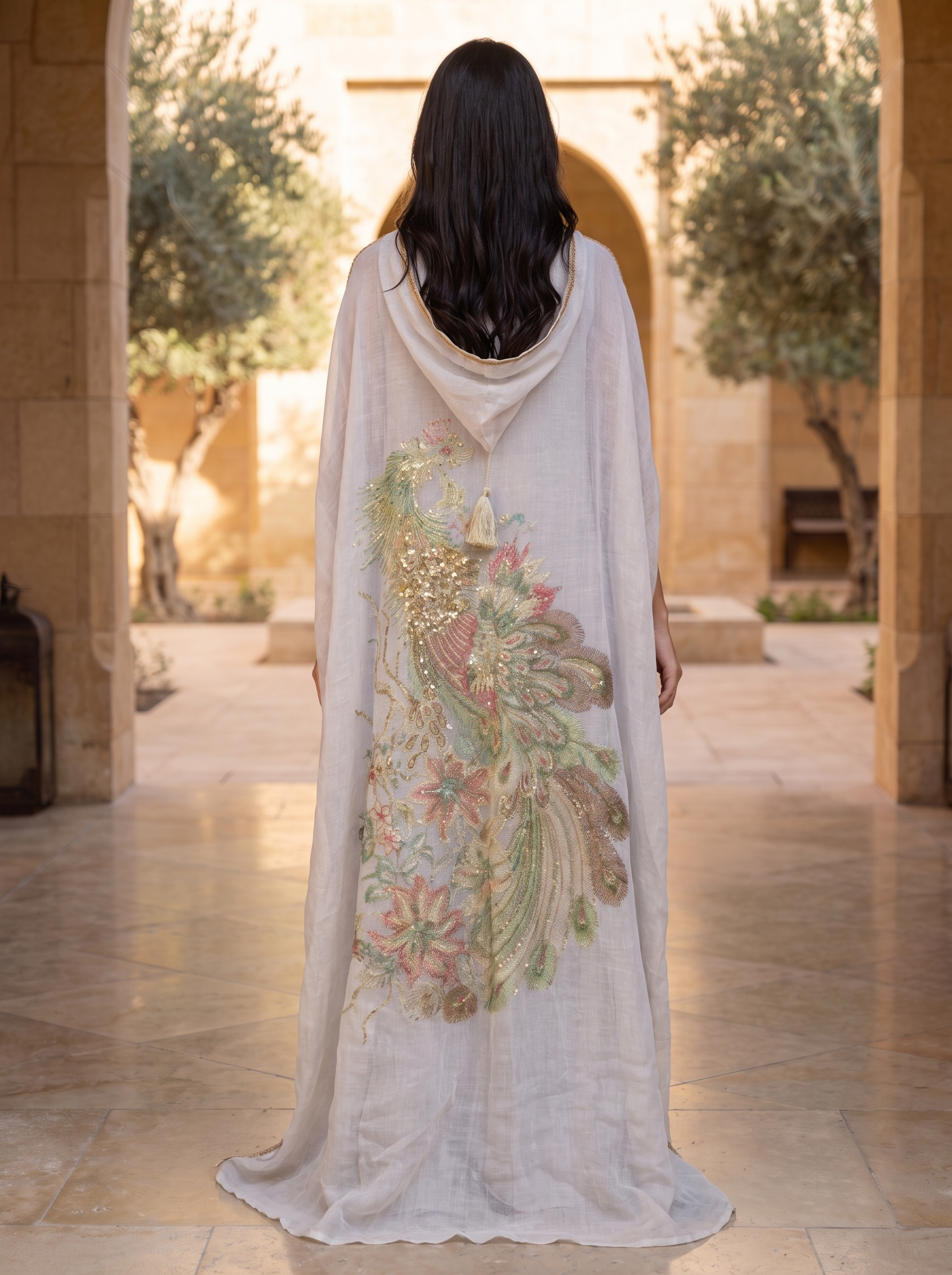 Peacock Embroidered Hooded Cape Abaya with Inner Dress | 2-Piece Luxury Modest Set