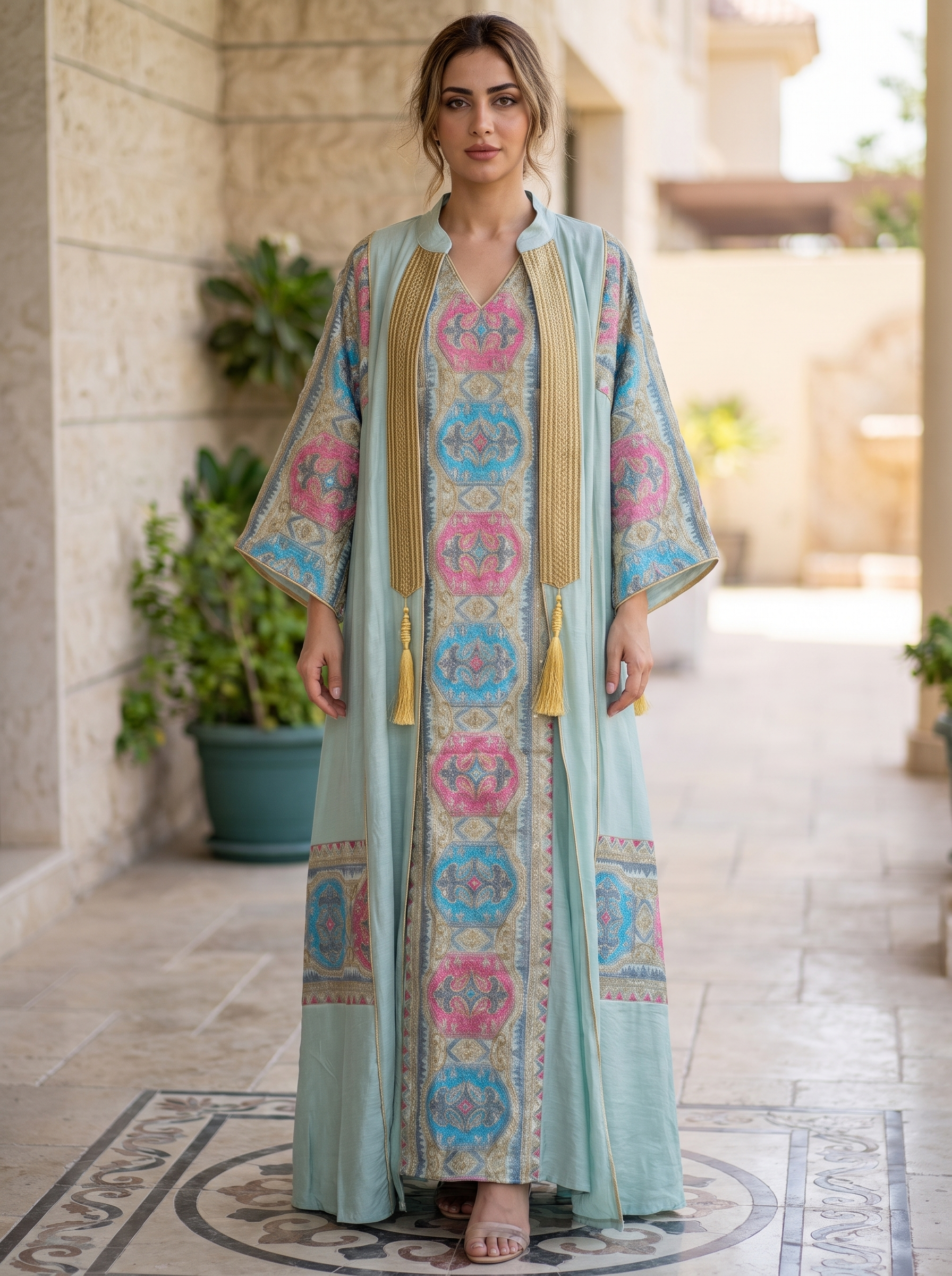 Medallion Print 2-Piece Jalabiya Set | Kimono Sleeve Outer Abaya & Sleeveless Inner Dress