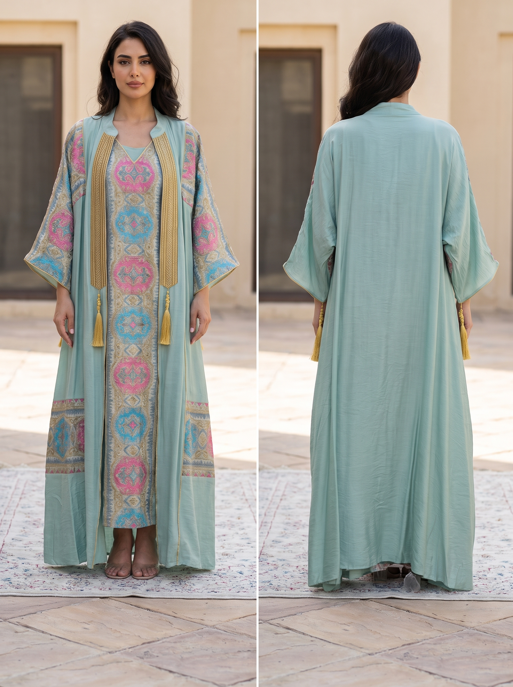 Medallion Print 2-Piece Jalabiya Set | Kimono Sleeve Outer Abaya & Sleeveless Inner Dress