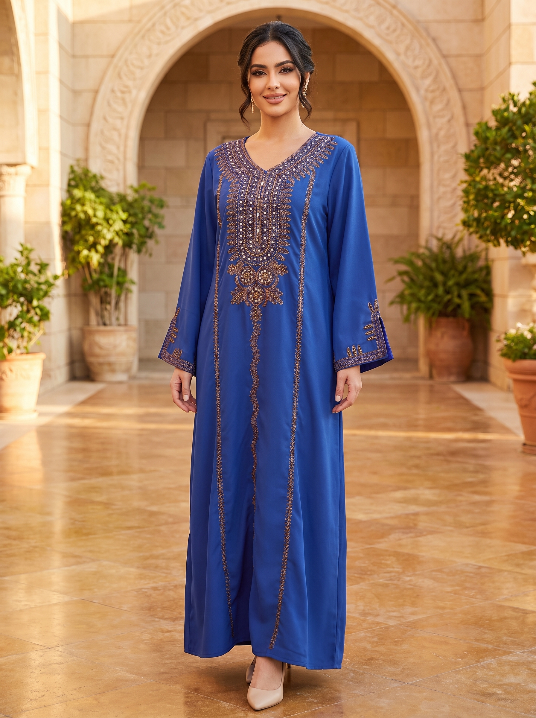 Silver Bead Floral Scattered Embroidered Jalabiya | Mandarin Collar Chiffon Kaftan Maxi Dress (Copy) (Copy) (Copy)