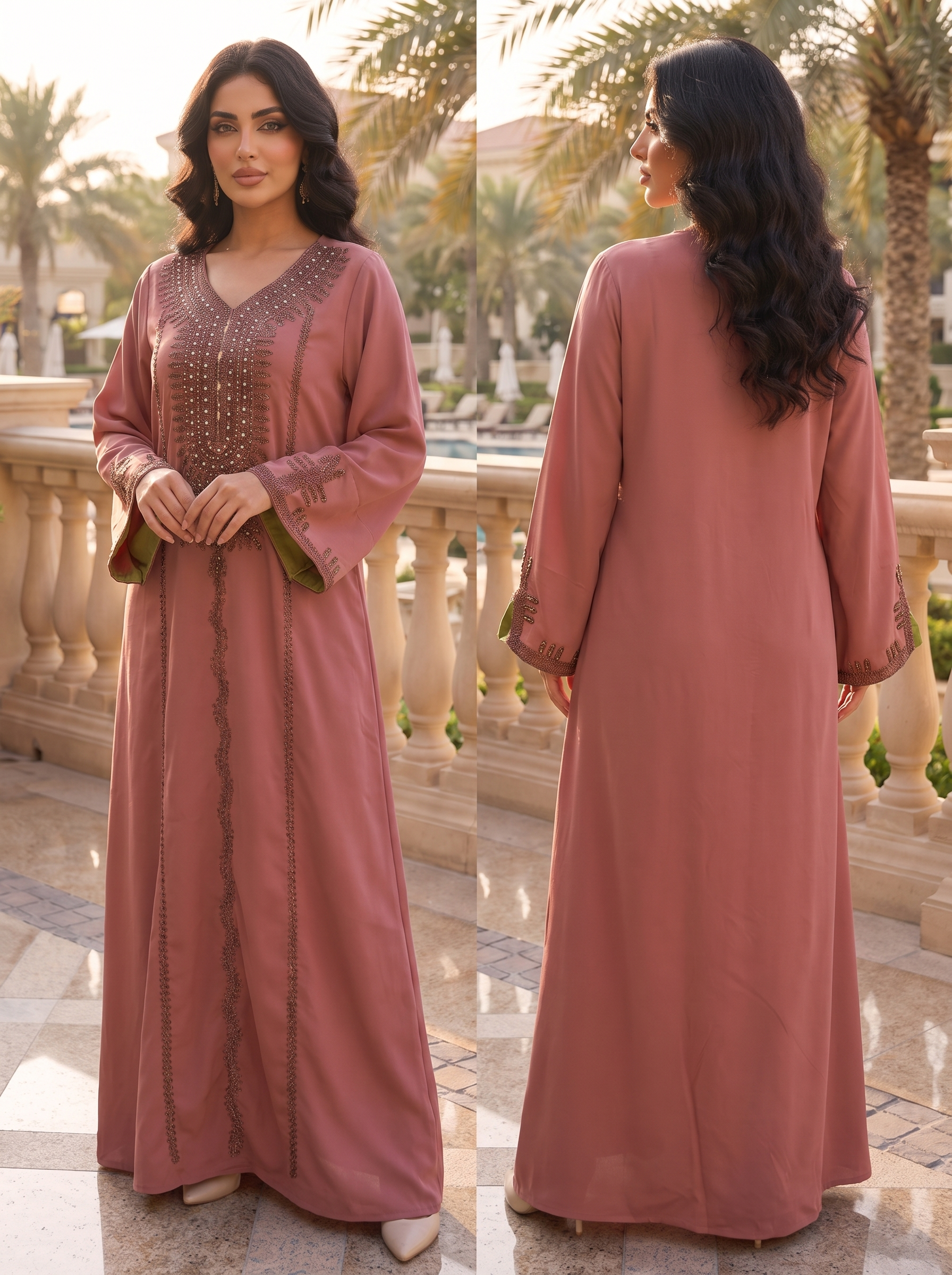 Silver Bead Floral Scattered Embroidered Jalabiya | Mandarin Collar Chiffon Kaftan Maxi Dress (Copy) (Copy) (Copy)