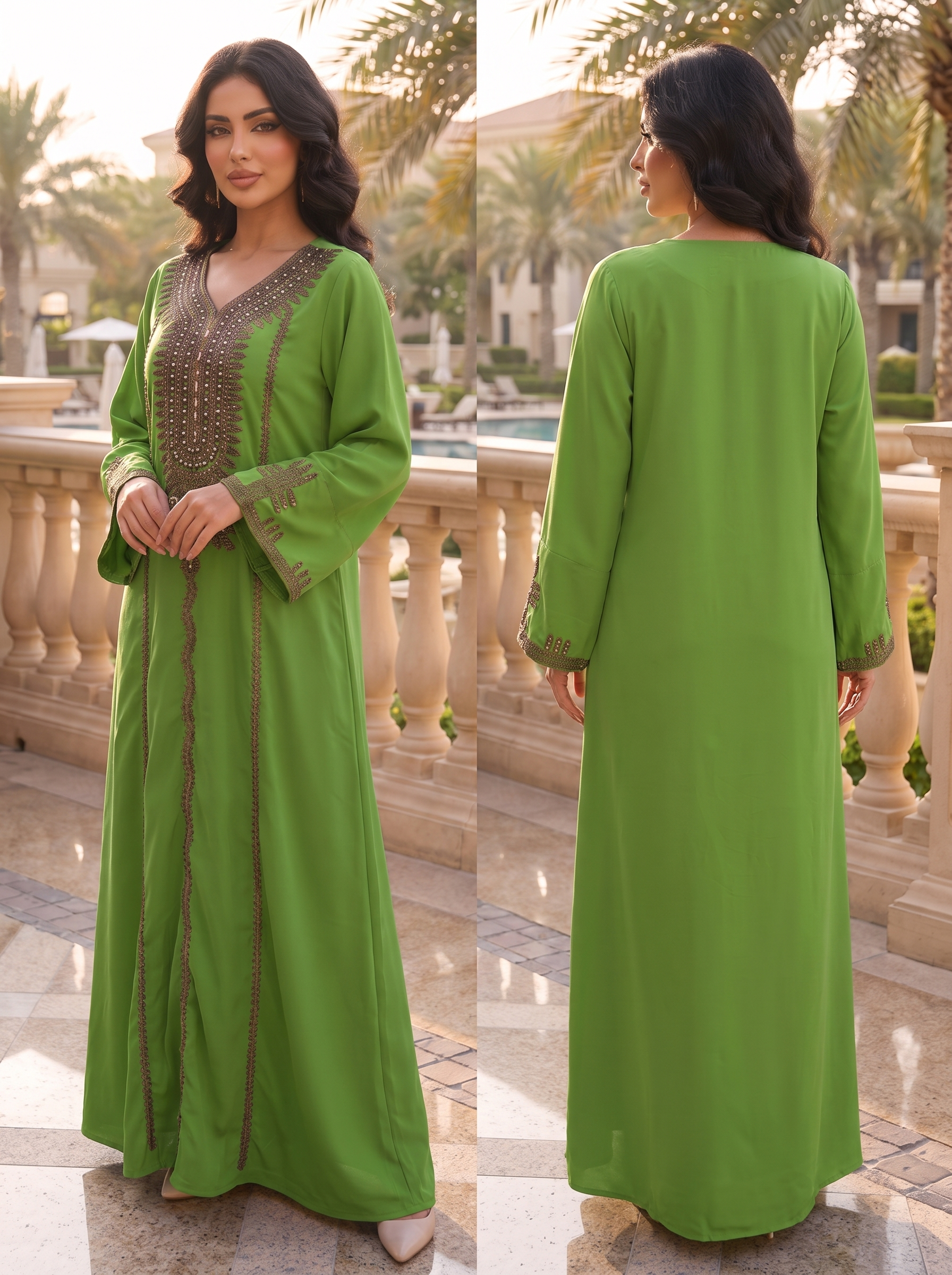 Silver Bead Floral Scattered Embroidered Jalabiya | Mandarin Collar Chiffon Kaftan Maxi Dress (Copy) (Copy) (Copy)