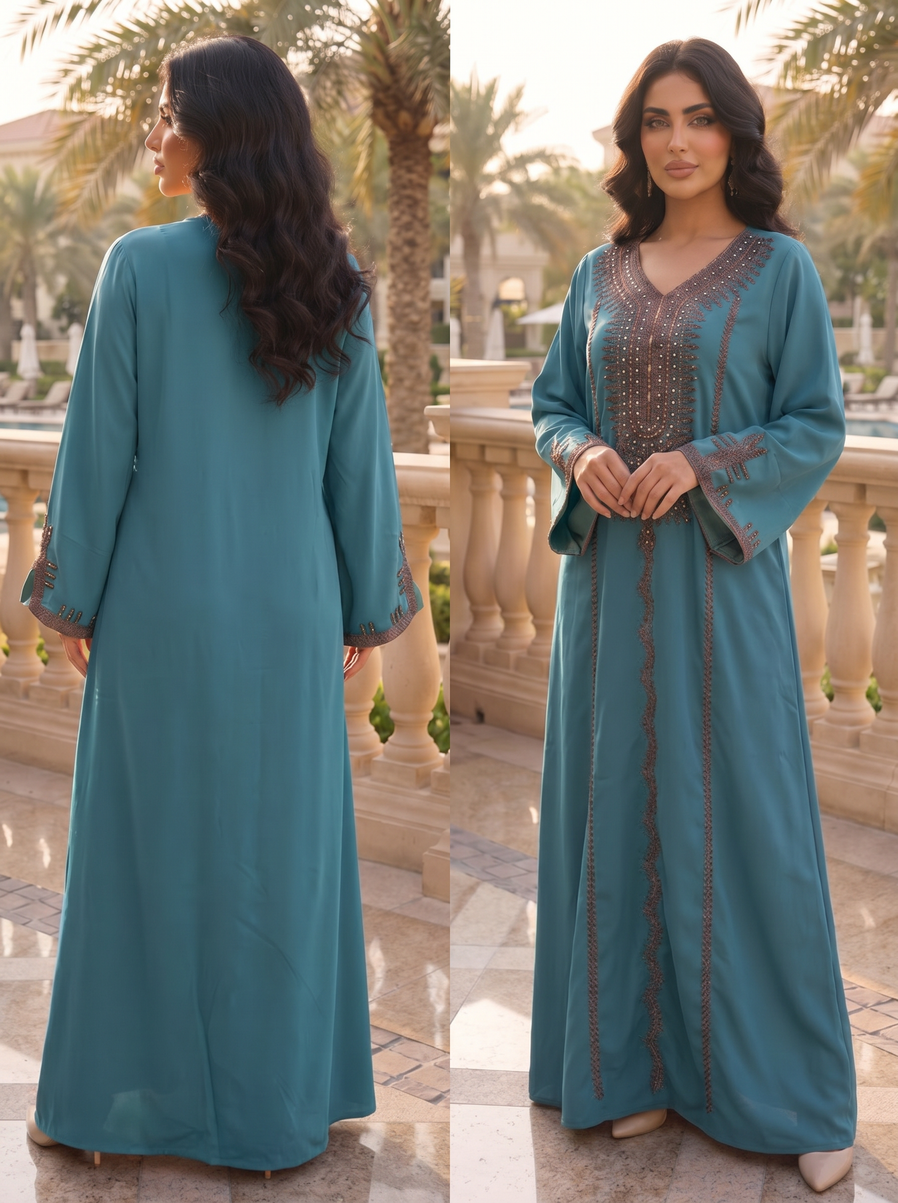 Silver Bead Floral Scattered Embroidered Jalabiya | Mandarin Collar Chiffon Kaftan Maxi Dress (Copy) (Copy) (Copy)