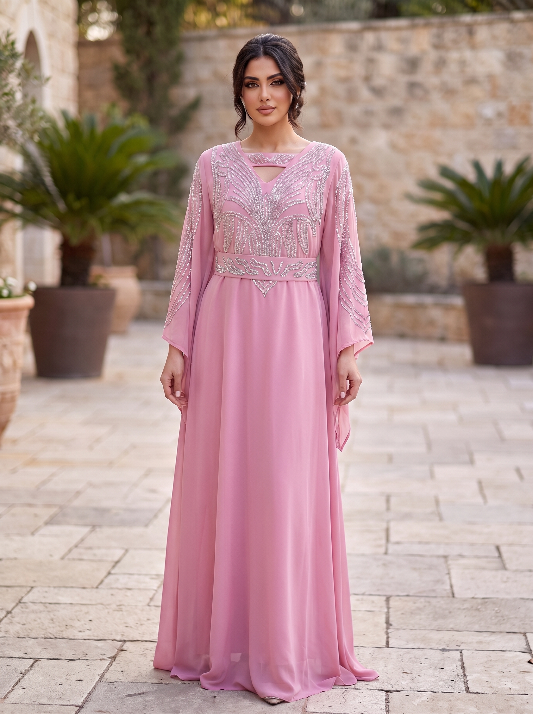 Silver Crystal Feather Embroidered Chiffon Jalabiya | Cape Sleeve Keyhole Neckline Kaftan Maxi Dress