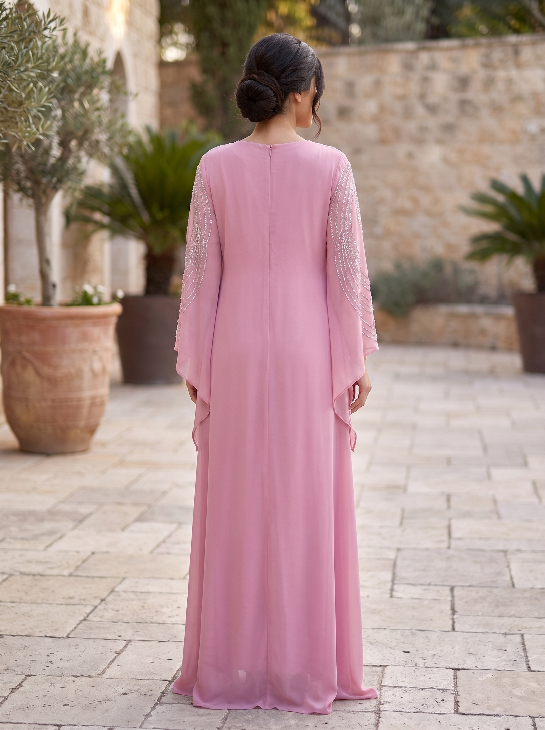 Silver Crystal Feather Embroidered Chiffon Jalabiya | Cape Sleeve Keyhole Neckline Kaftan Maxi Dress