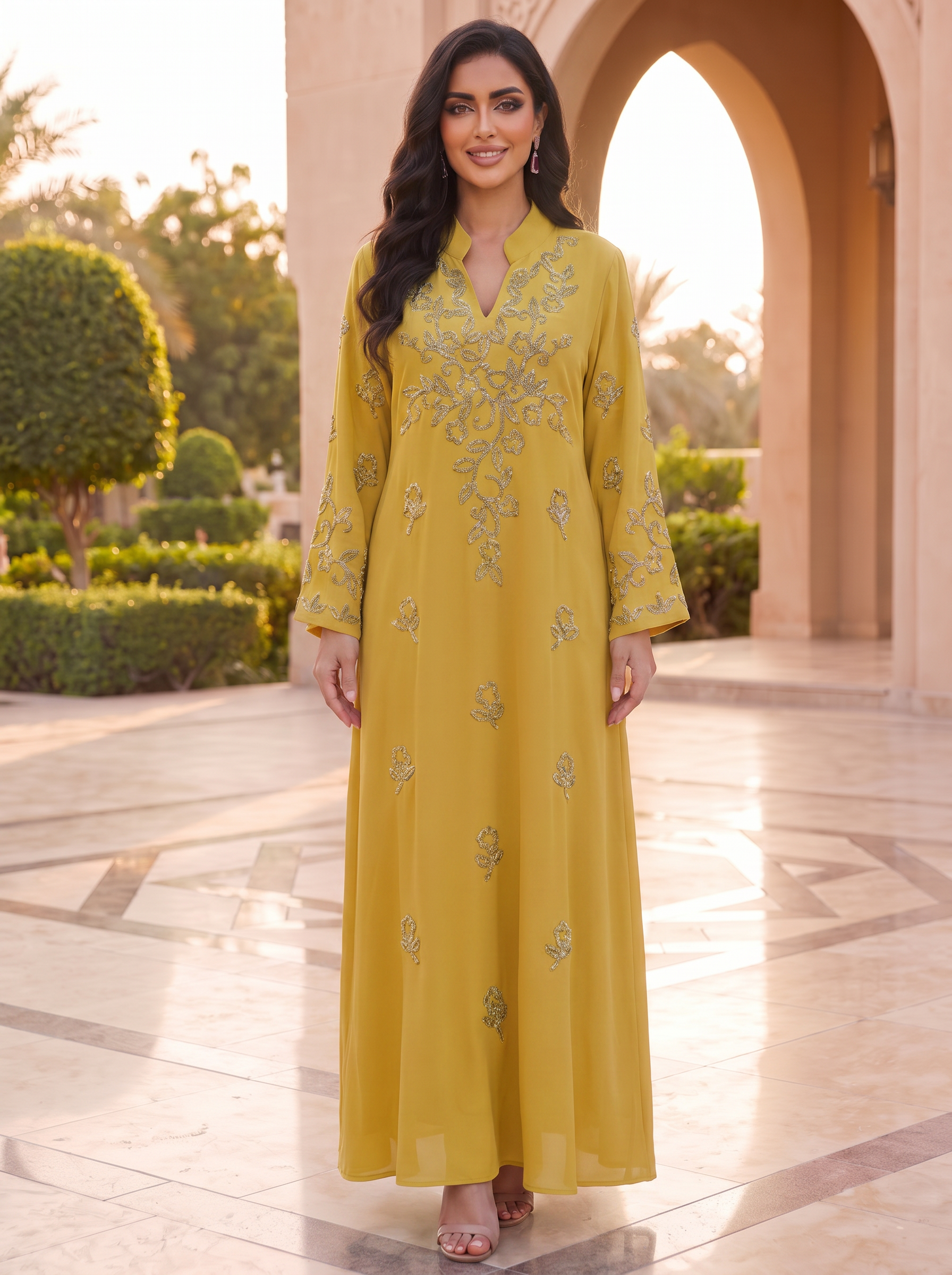 Silver Bead Floral Scattered Embroidered Jalabiya | Mandarin Collar Chiffon Kaftan Maxi Dress