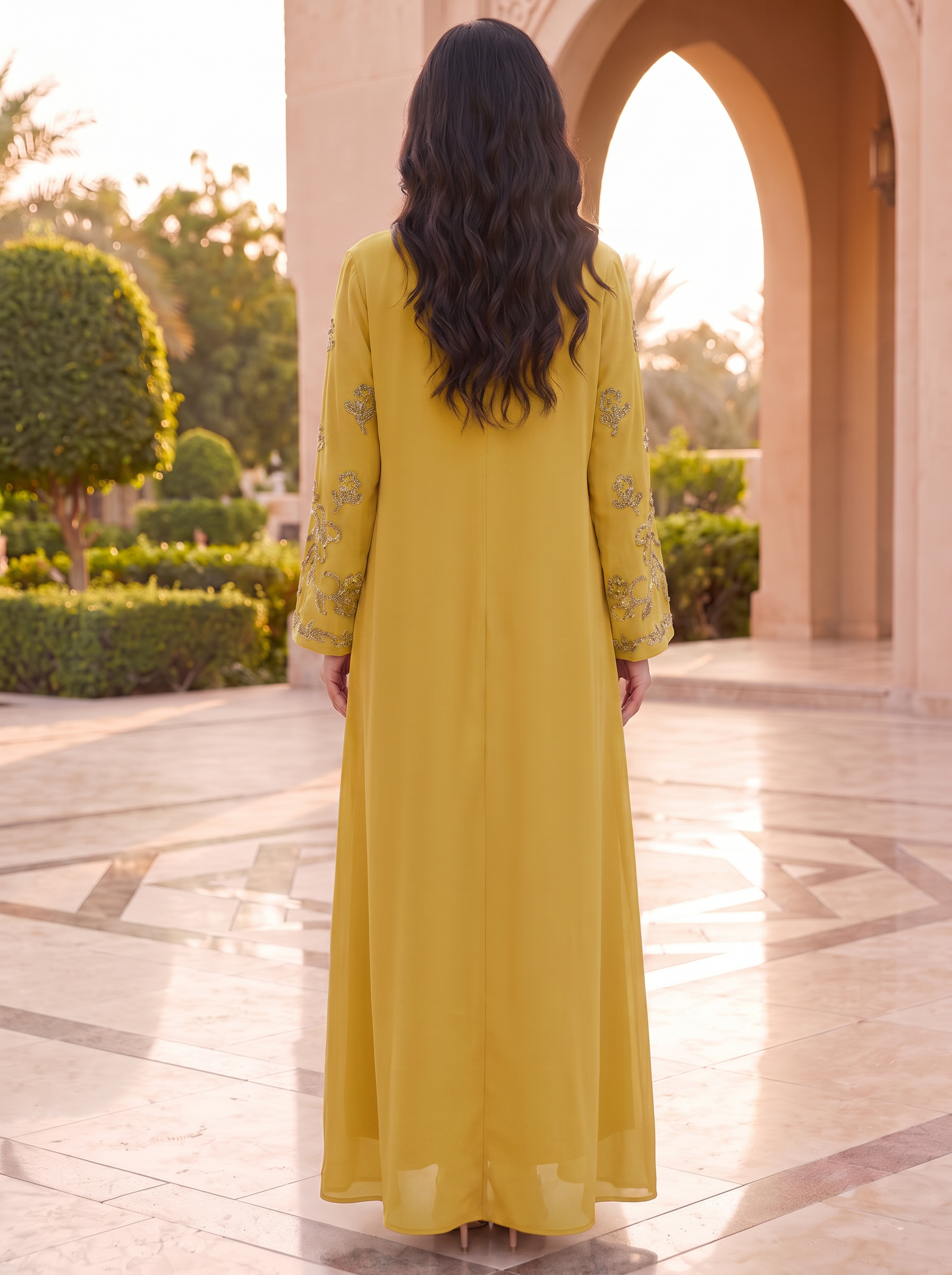 Silver Bead Floral Scattered Embroidered Jalabiya | Mandarin Collar Chiffon Kaftan Maxi Dress