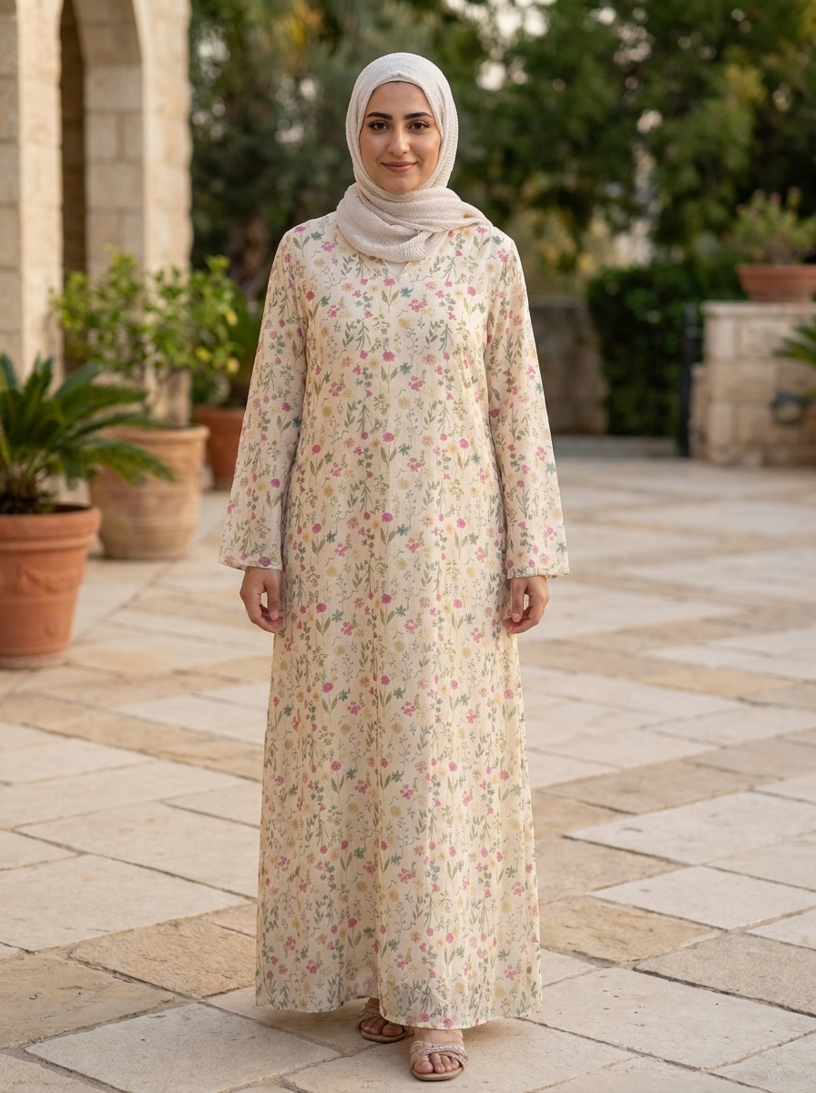 Elegant Floral Embroidered Modest Maxi Dress | Pastel Kaftan Jalabiya