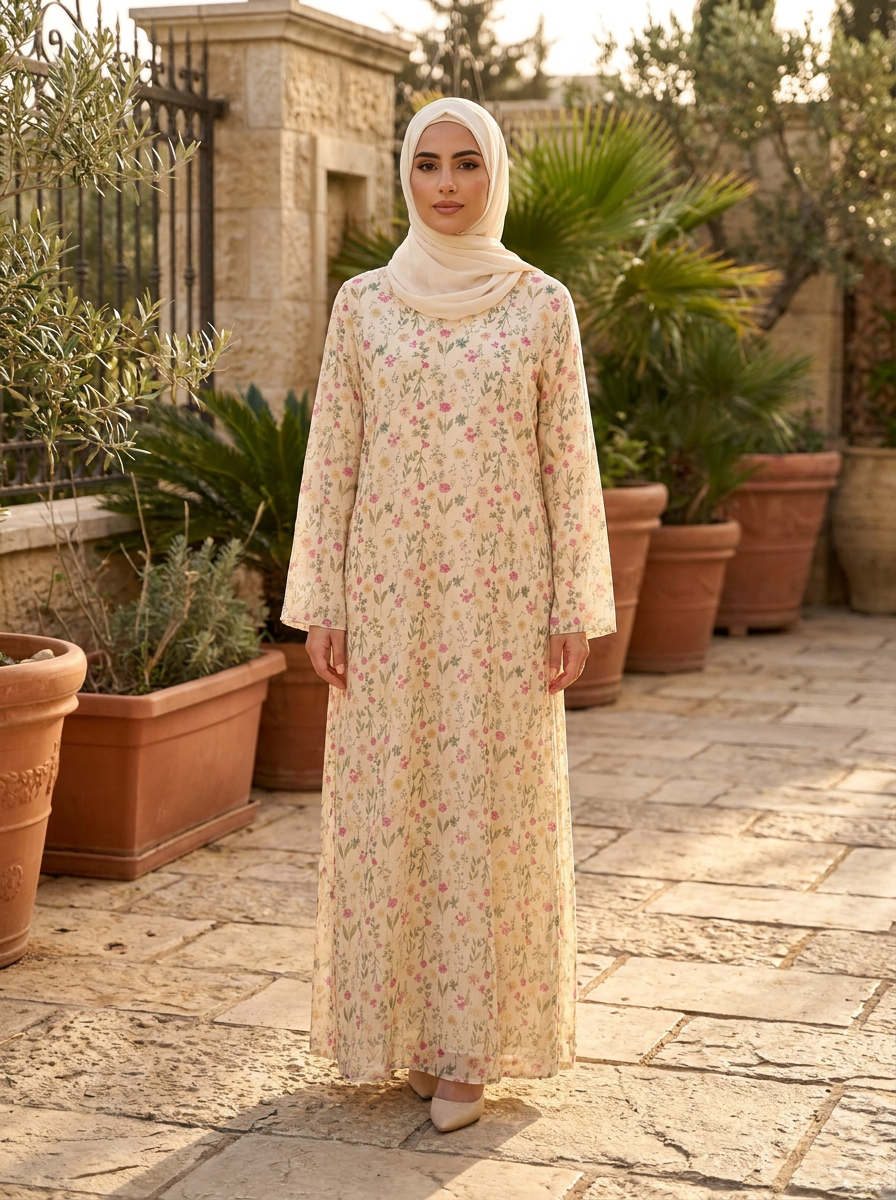 Elegant Floral Embroidered Modest Maxi Dress | Pastel Kaftan Jalabiya