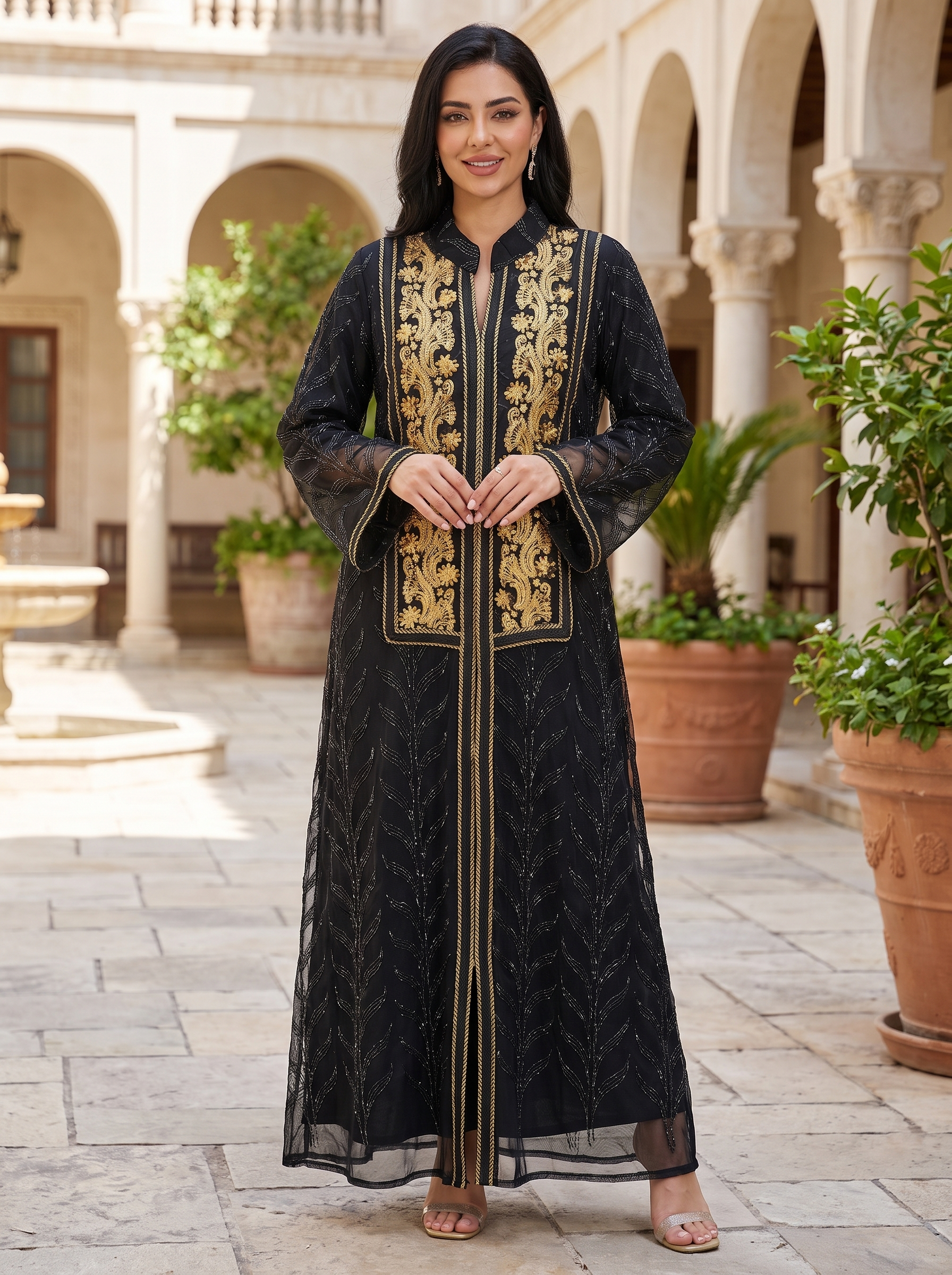 Women's Embellished Sheer Maxi Kaftan Dress – Elegant Beaded Modest Evening Wear