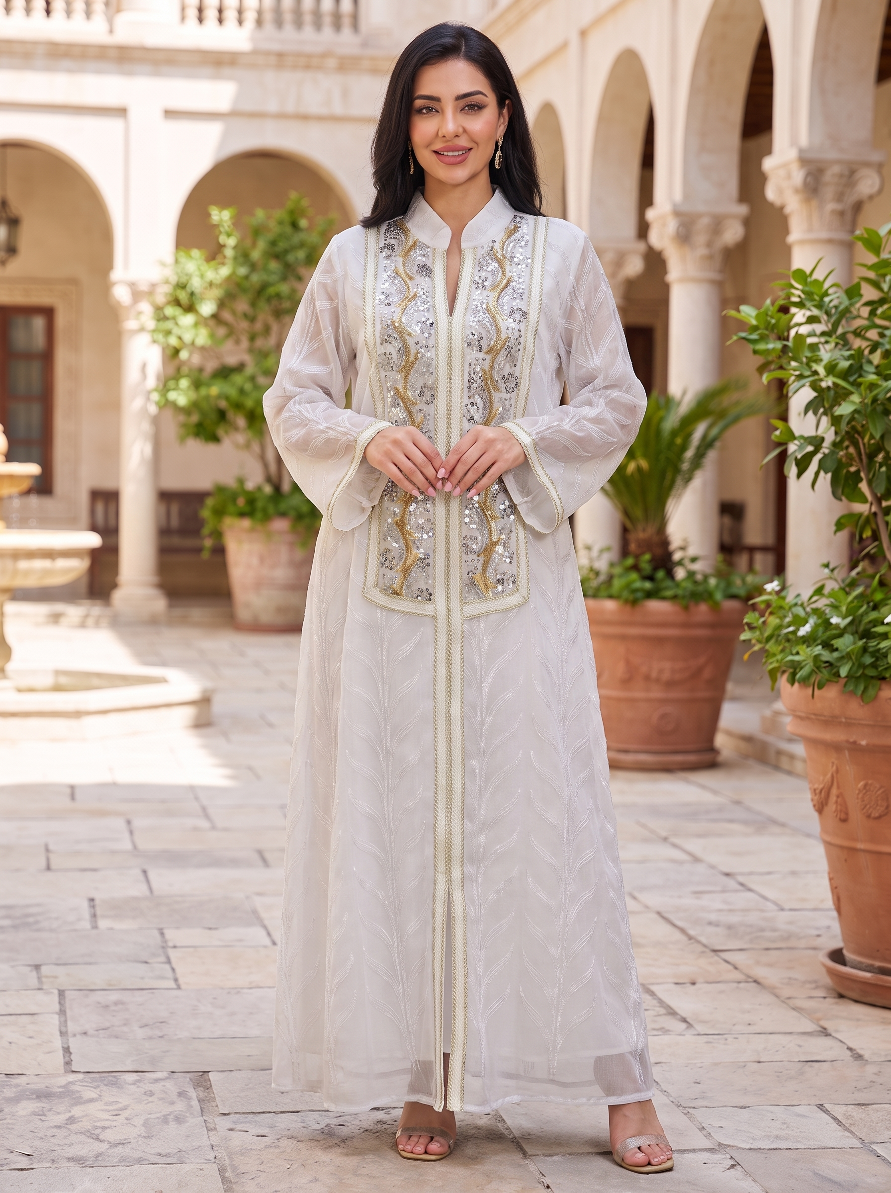 Women's Embellished Sheer Maxi Kaftan Dress – Elegant Beaded Modest Evening Wear