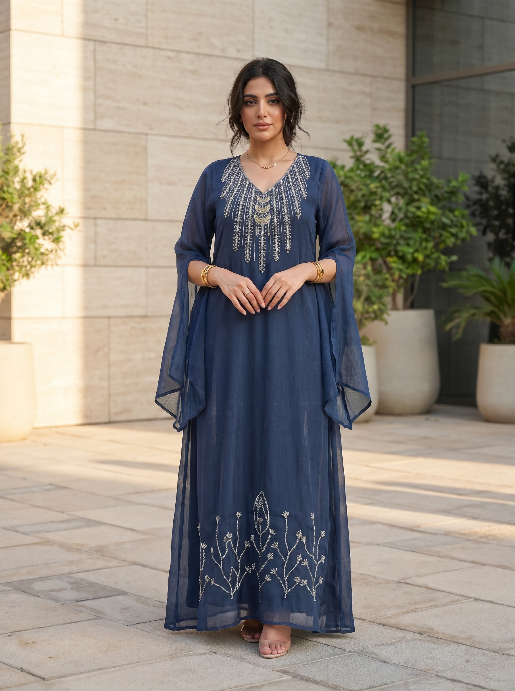 Women's Luxury Embellished Kaftan Maxi Dress with Beaded Embroidery