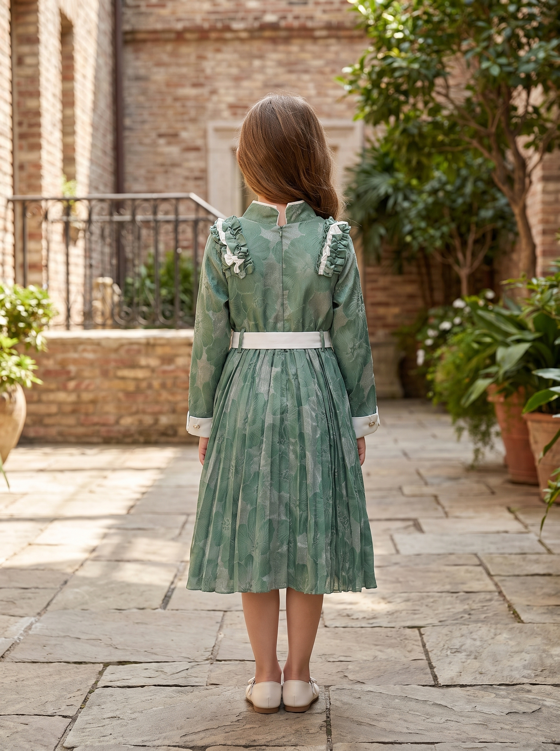 Girls Elegant Floral Jacquard Pleated Midi Dress with Satin Waist Tie & Ruffle Shoulder Detail
