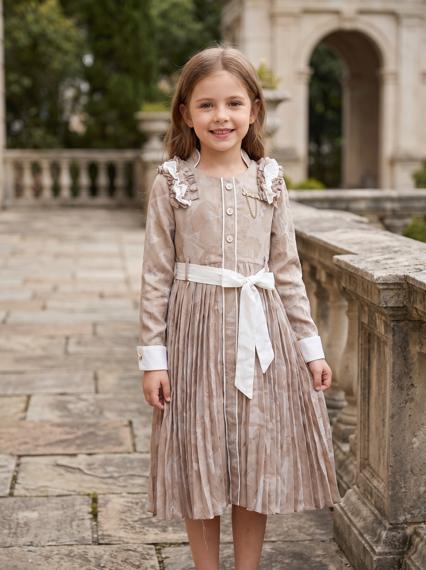 Girls Elegant Floral Jacquard Pleated Midi Dress with Satin Waist Tie & Ruffle Shoulder Detail