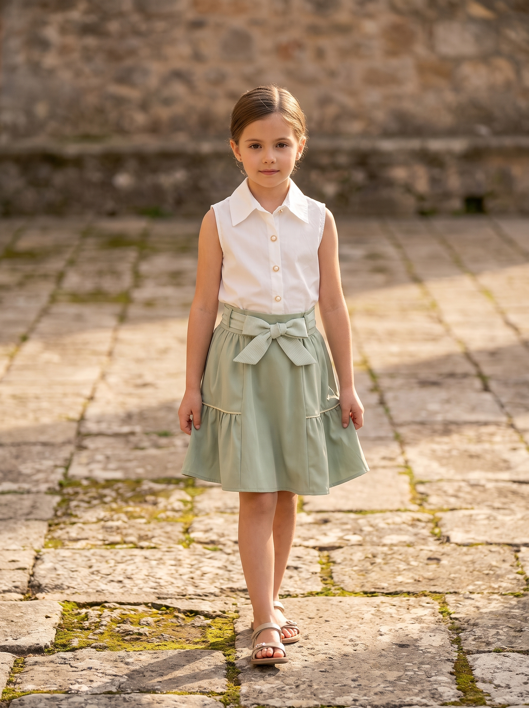 Girls 3-Piece Blazer Skirt Set – Pinstripe Jacket, Sleeveless Shirt & Bow Waist Skirt