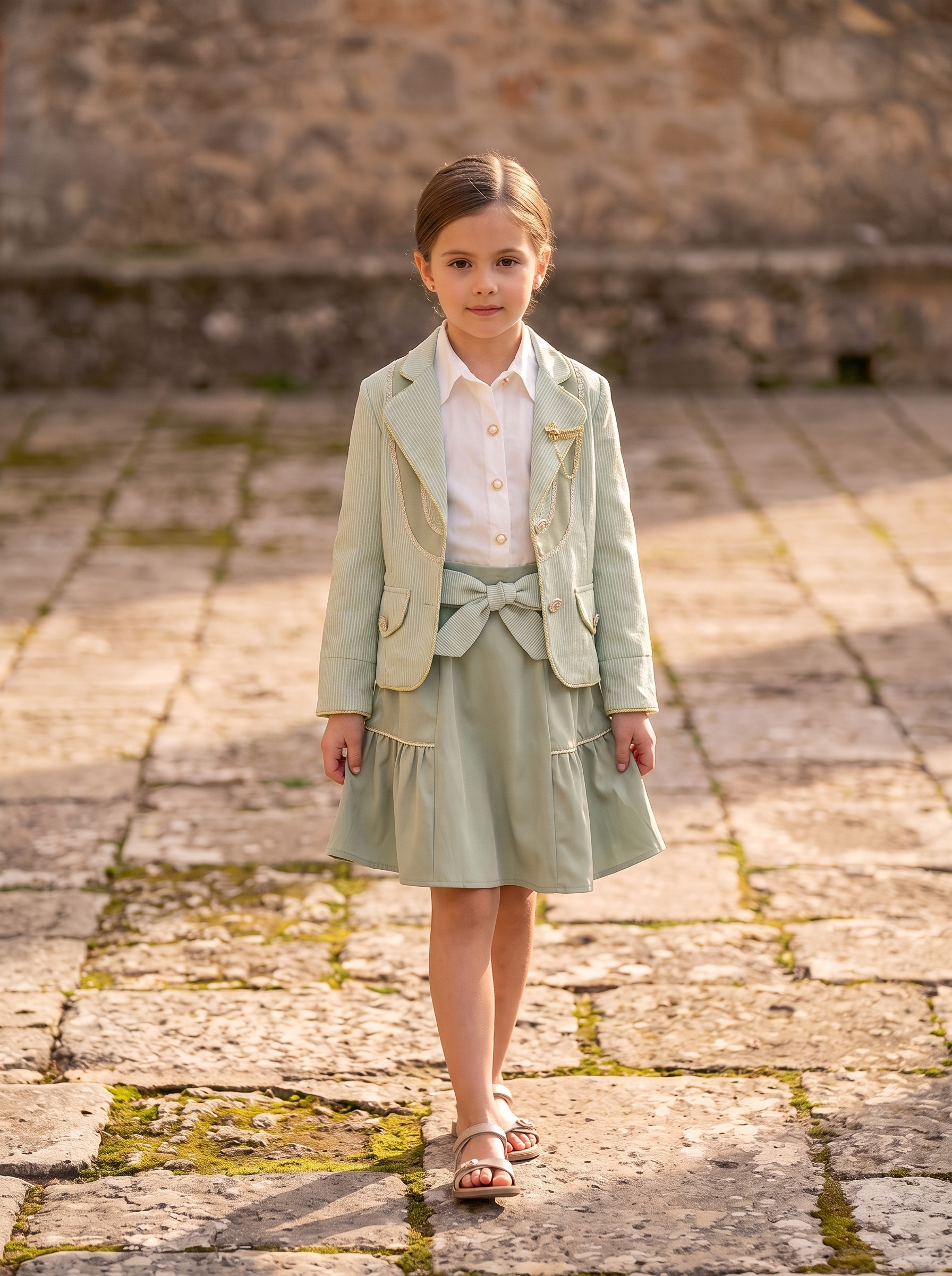 Girls 3-Piece Blazer Skirt Set – Pinstripe Jacket, Sleeveless Shirt & Bow Waist Skirt