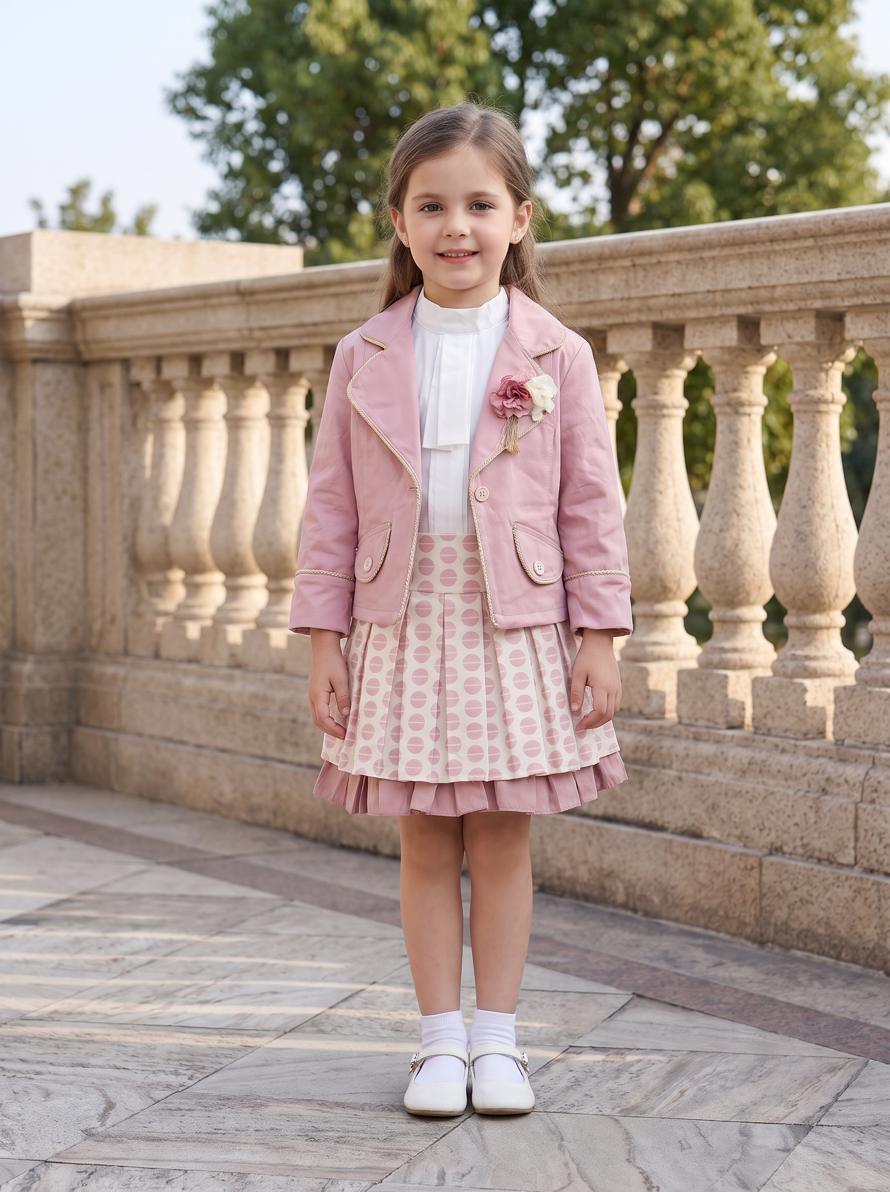 Girls 3-Piece Blazer Set – Jacket, High-Neck Top & Printed Pleated Skirt Outfit