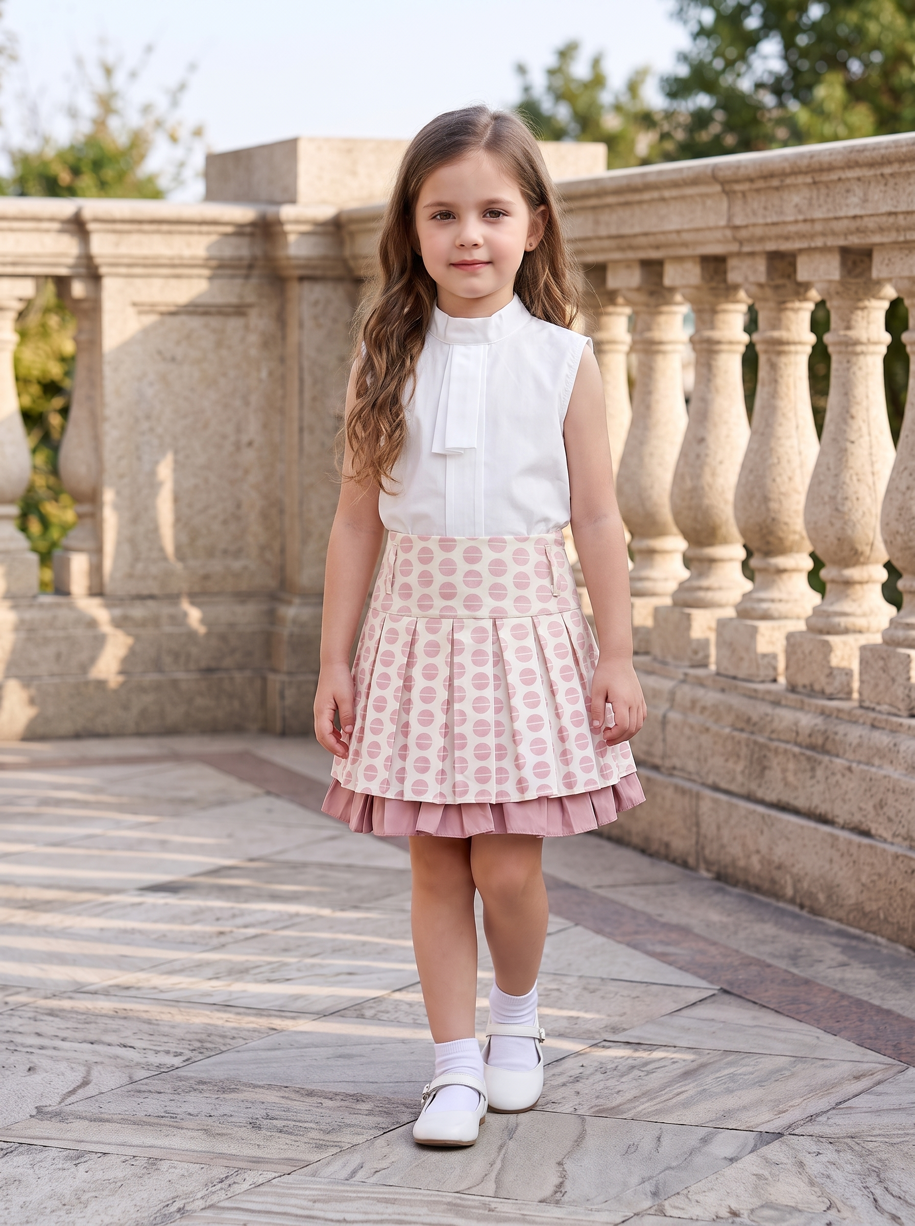 Girls 3-Piece Blazer Set – Jacket, High-Neck Top & Printed Pleated Skirt Outfit